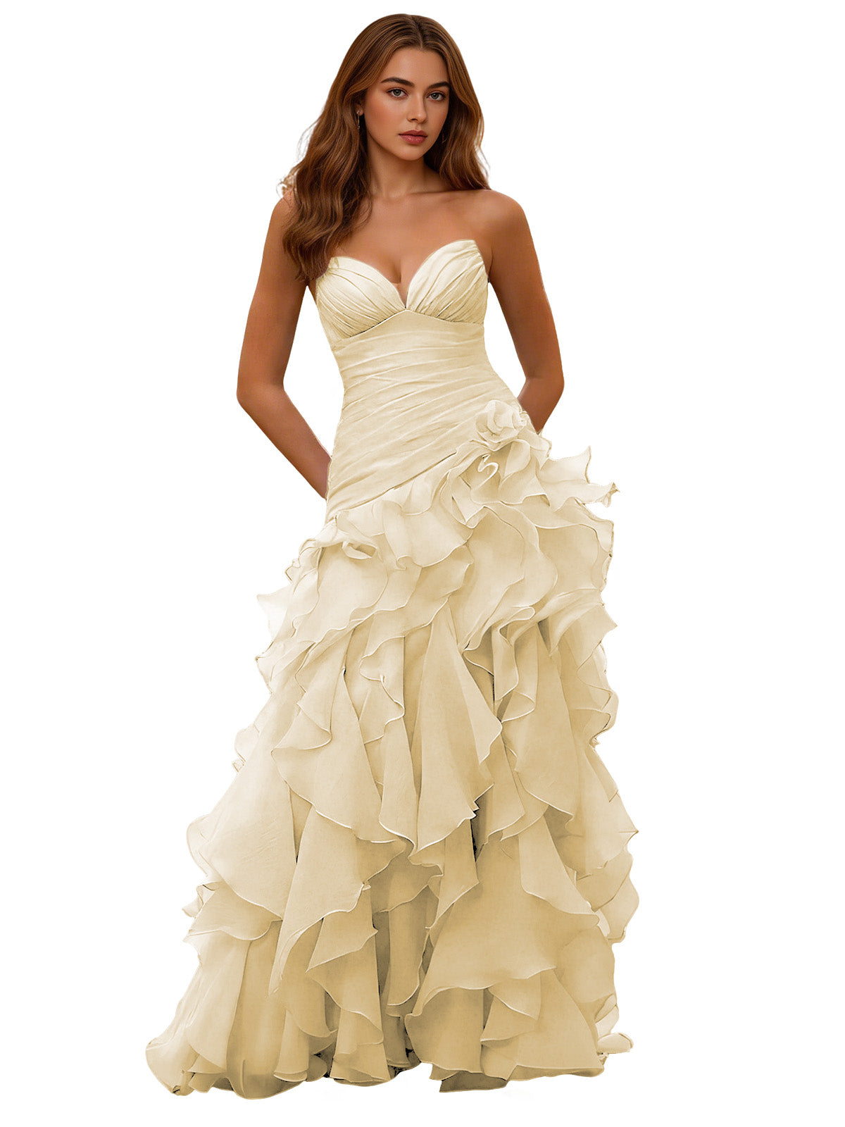 Champagne strapless sweetheart ball gown with draped corset bodice and layered ruffle skirt