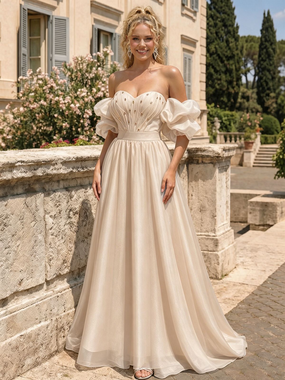 Champagne off-shoulder sweetheart A-line prom dress with puff sleeves and flowing skirt