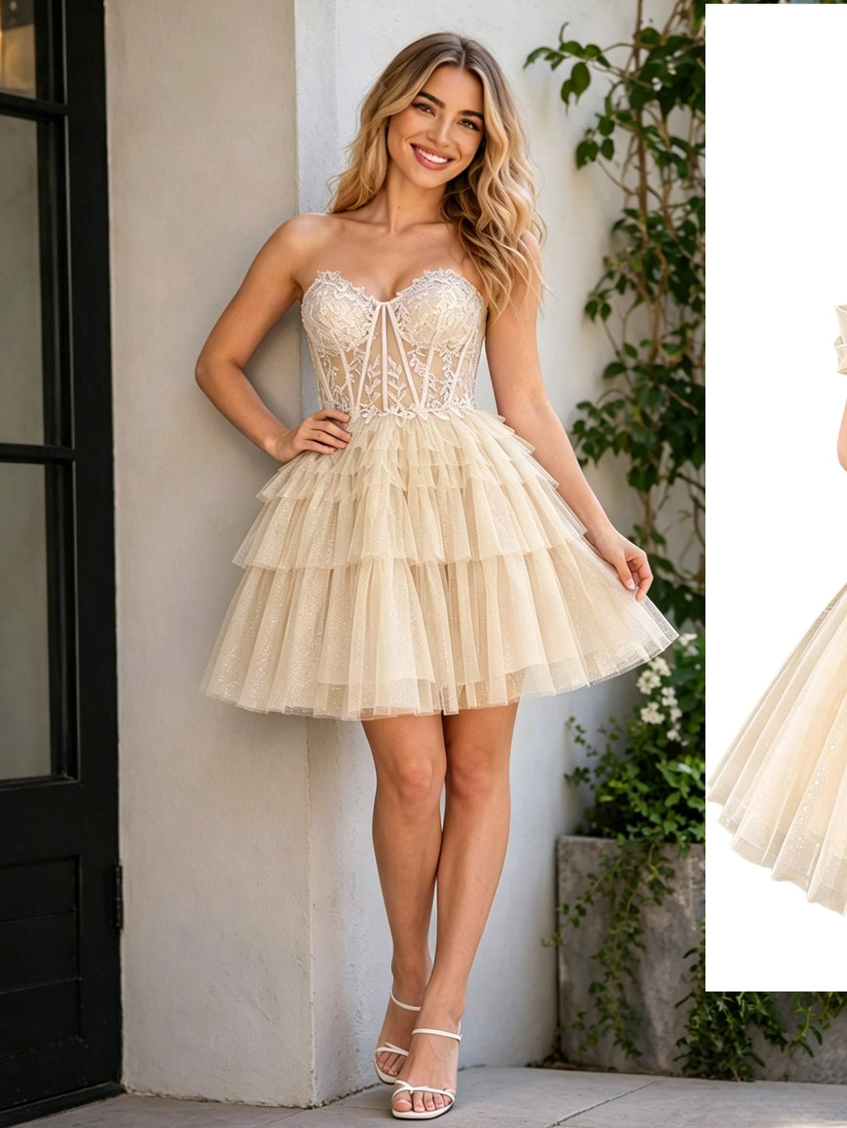 Champagne strapless lace corset dress with tiered tulle skirt and lace corset detailing