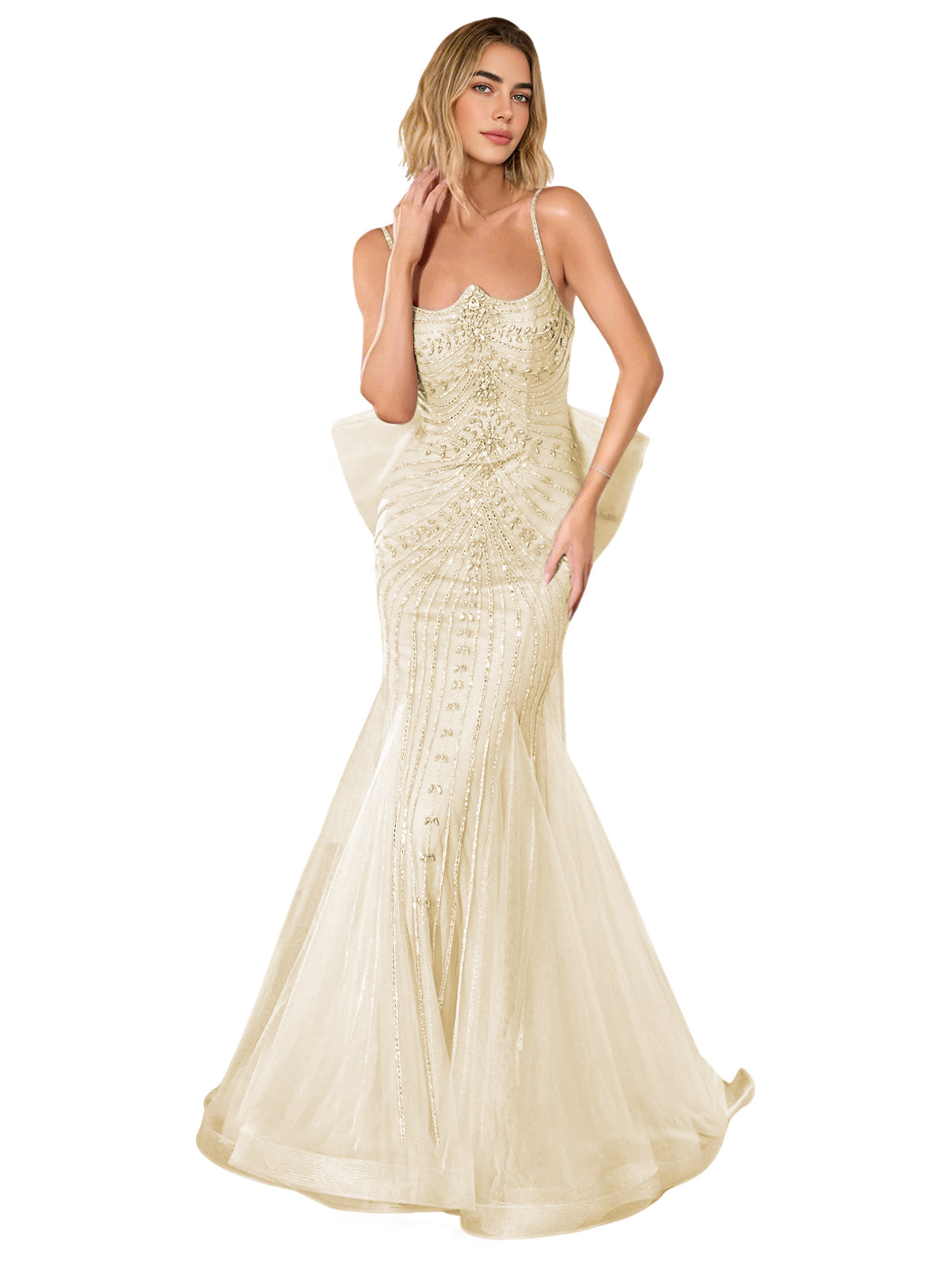 Champagne lace corset trumpet prom dress with thin straps and sweep train
