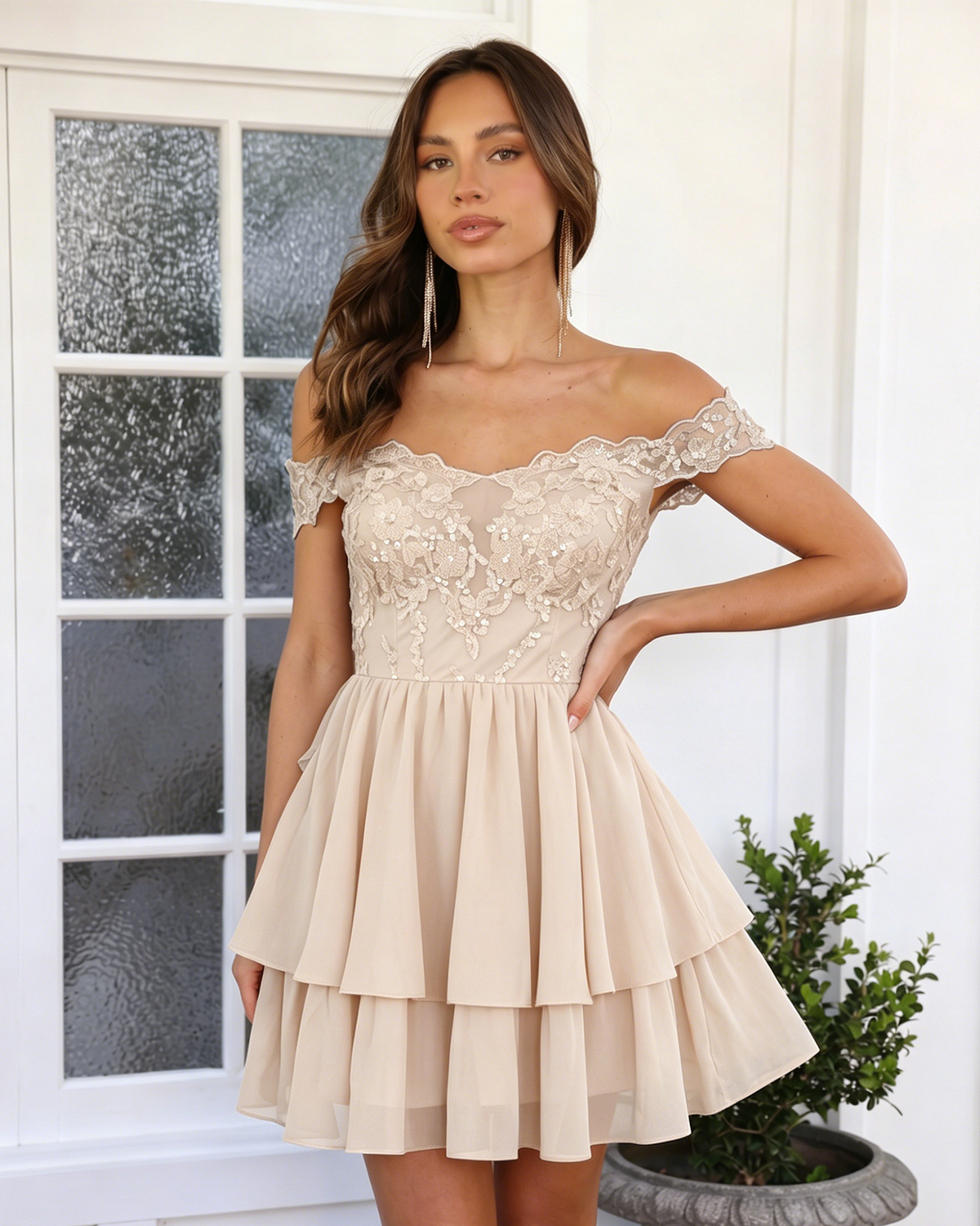 Champagne off-shoulder lace A-line homecoming dress with tiered skirt