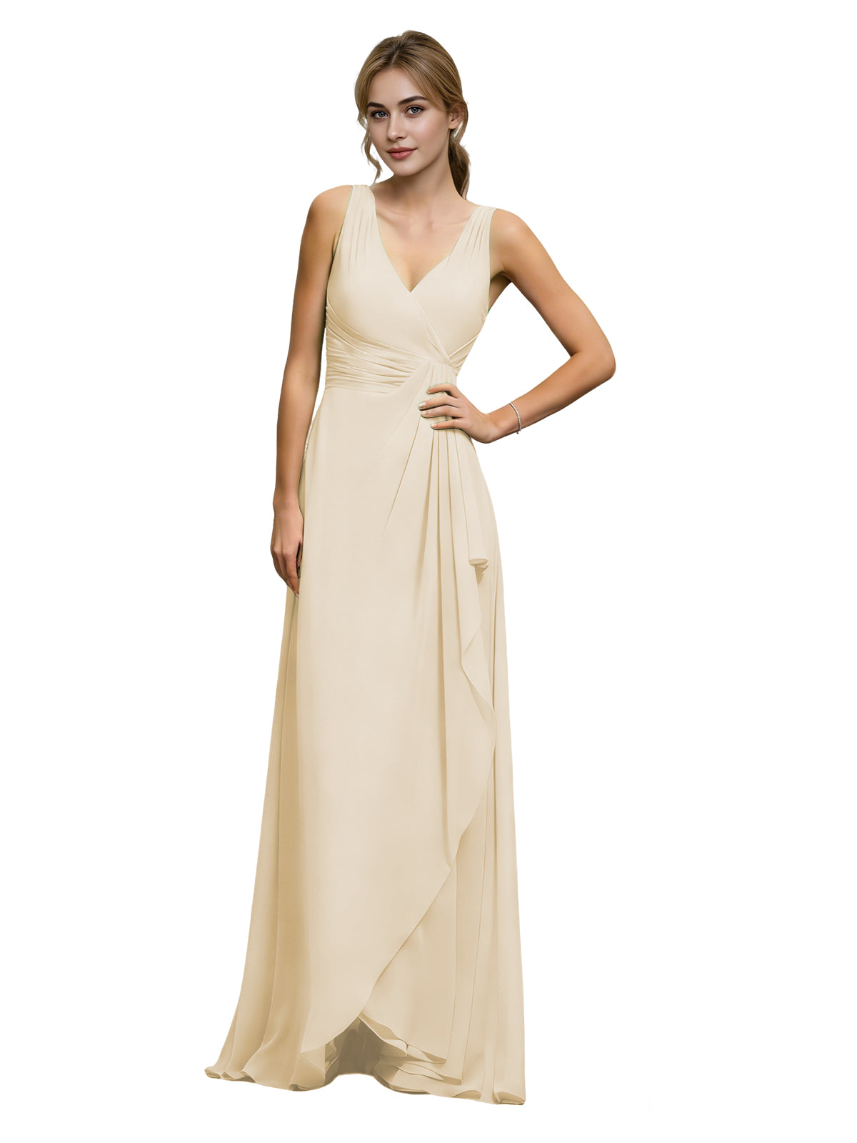 Champagne chiffon bridesmaid dress with halter V-neck and draped sash waist