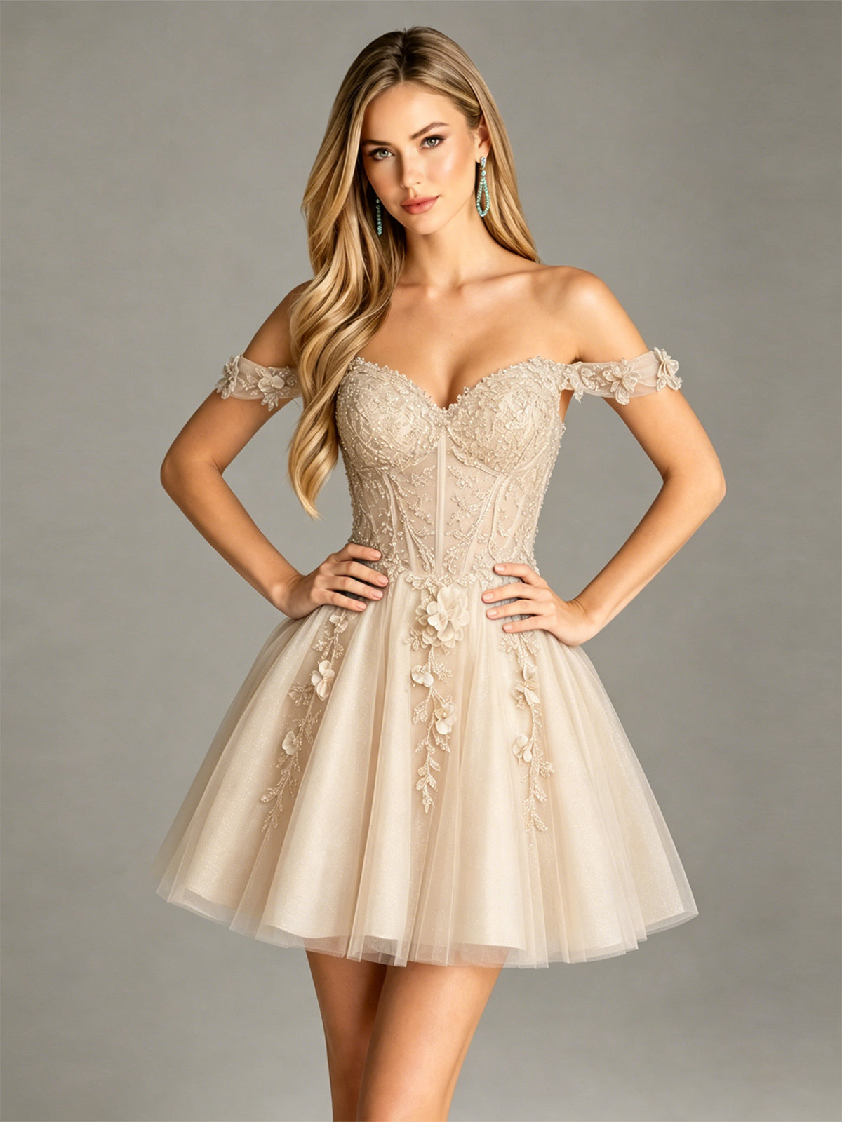 Champagne off-shoulder corset tulle homecoming dress with 3D floral applique and glitter accents