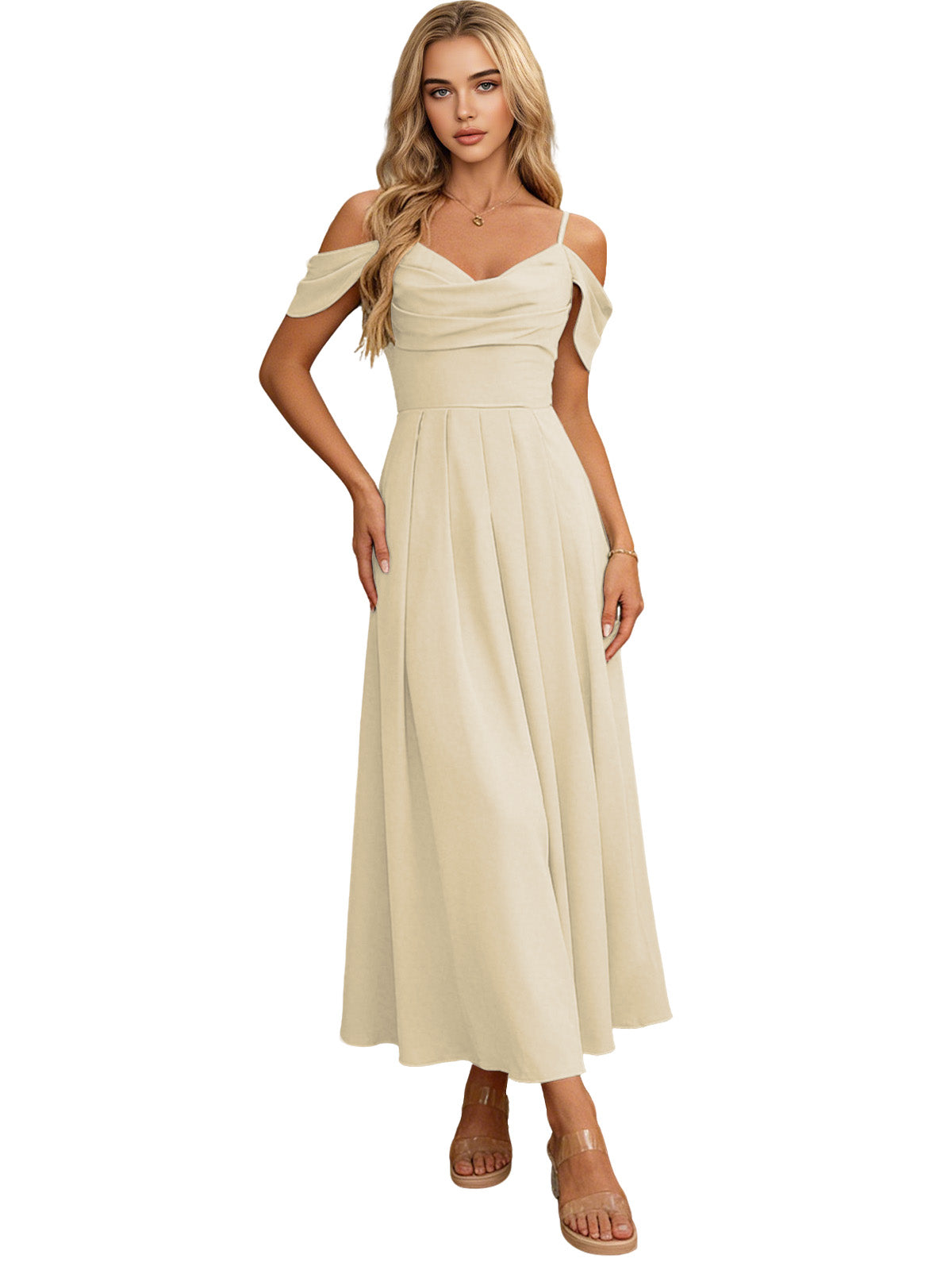 Off-shoulder midi bridesmaid dress in champagne with pleated bodice and flowing skirt