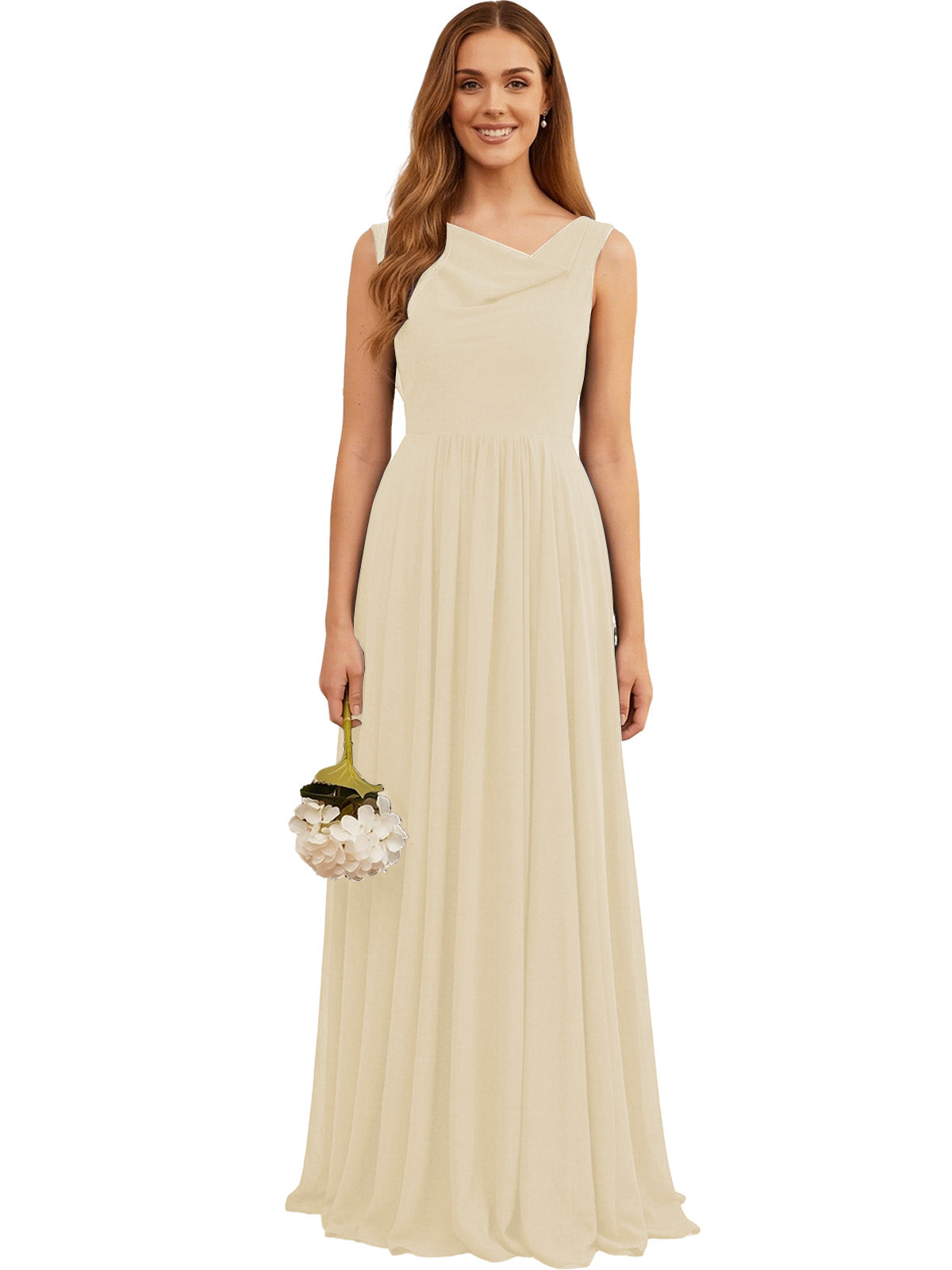 Champagne beige sleeveless chiffon bridesmaid dress with V-neck and pleated skirt