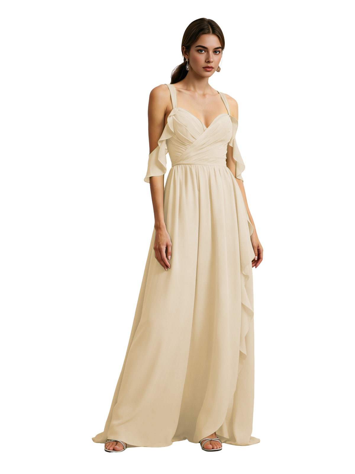 Cold-shoulder chiffon dress in champagne, draped V-neck bodice, flowing maxi skirt
