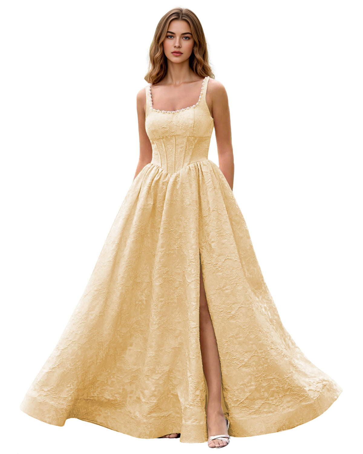 Champagne jacquard ball gown with square neckline, wide straps, fitted bodice, full skirt slit