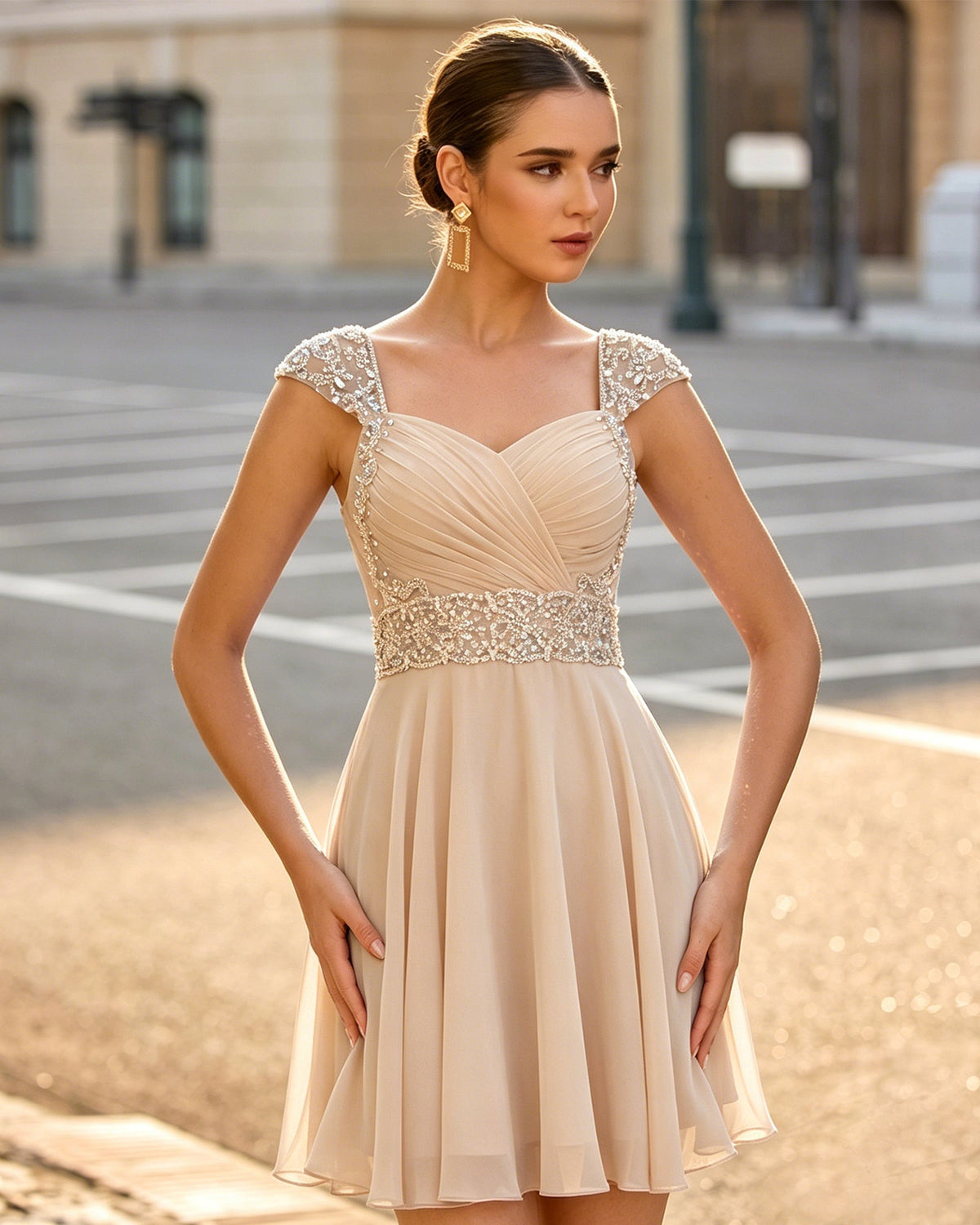 Champagne ruched chiffon short dress with sweetheart neckline and beaded cap sleeves