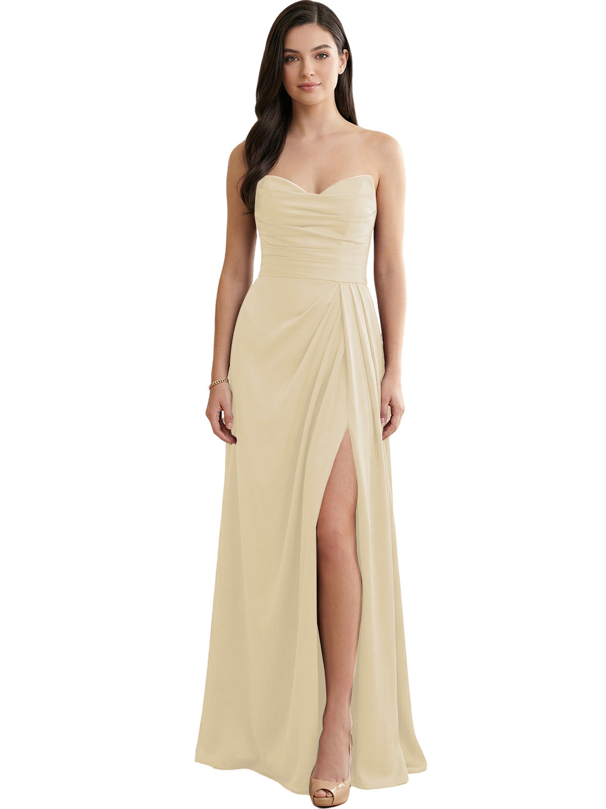 Champagne nude strapless pleated satin bridesmaid dress with side slit