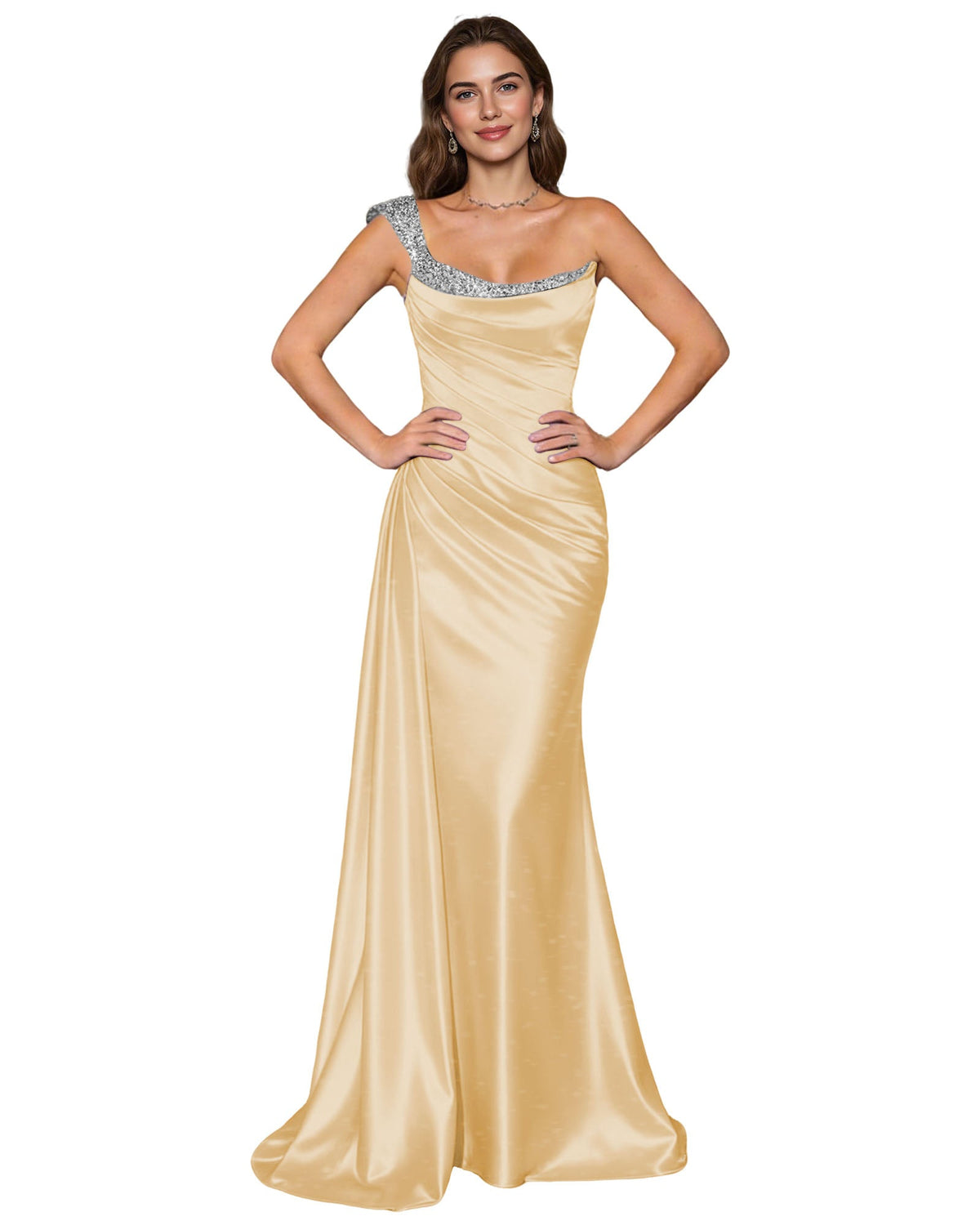 Champagne satin mermaid prom dress with draped cowl neckline and rhinestone spaghetti straps