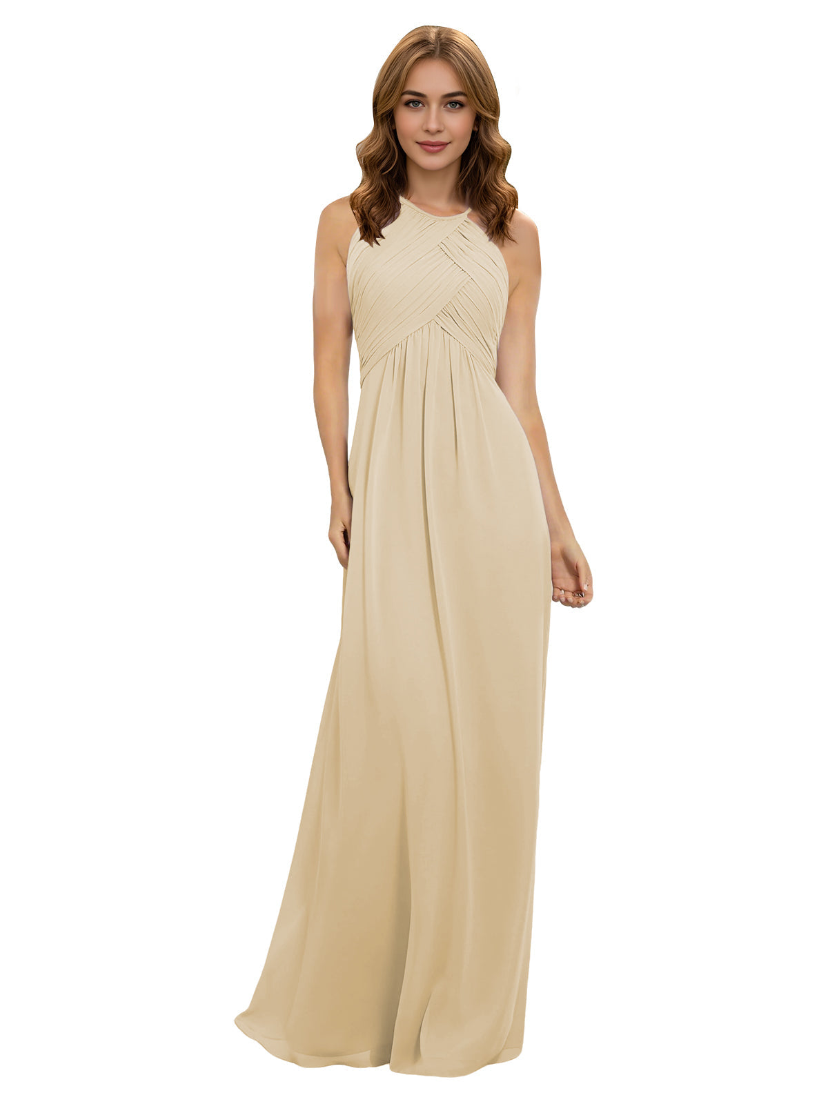 Champagne chiffon bridesmaid dress with halter neckline and twist bodice, sleeveless maxi