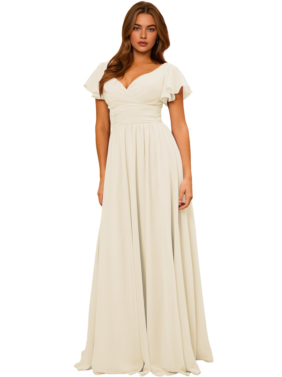 Ivory V-neck chiffon bridesmaid dress with flutter sleeves and empire waist
