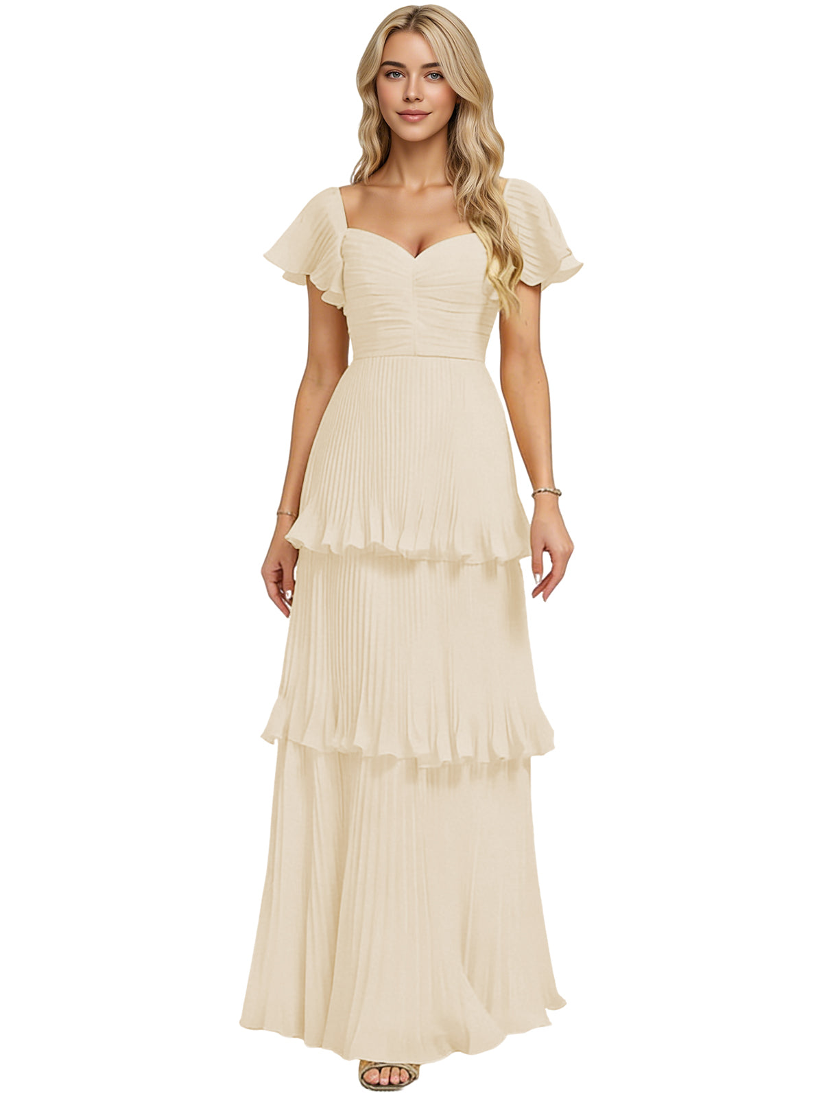 Ivory tiered ruffle chiffon bridesmaid dress with sweetheart neckline and flutter sleeves