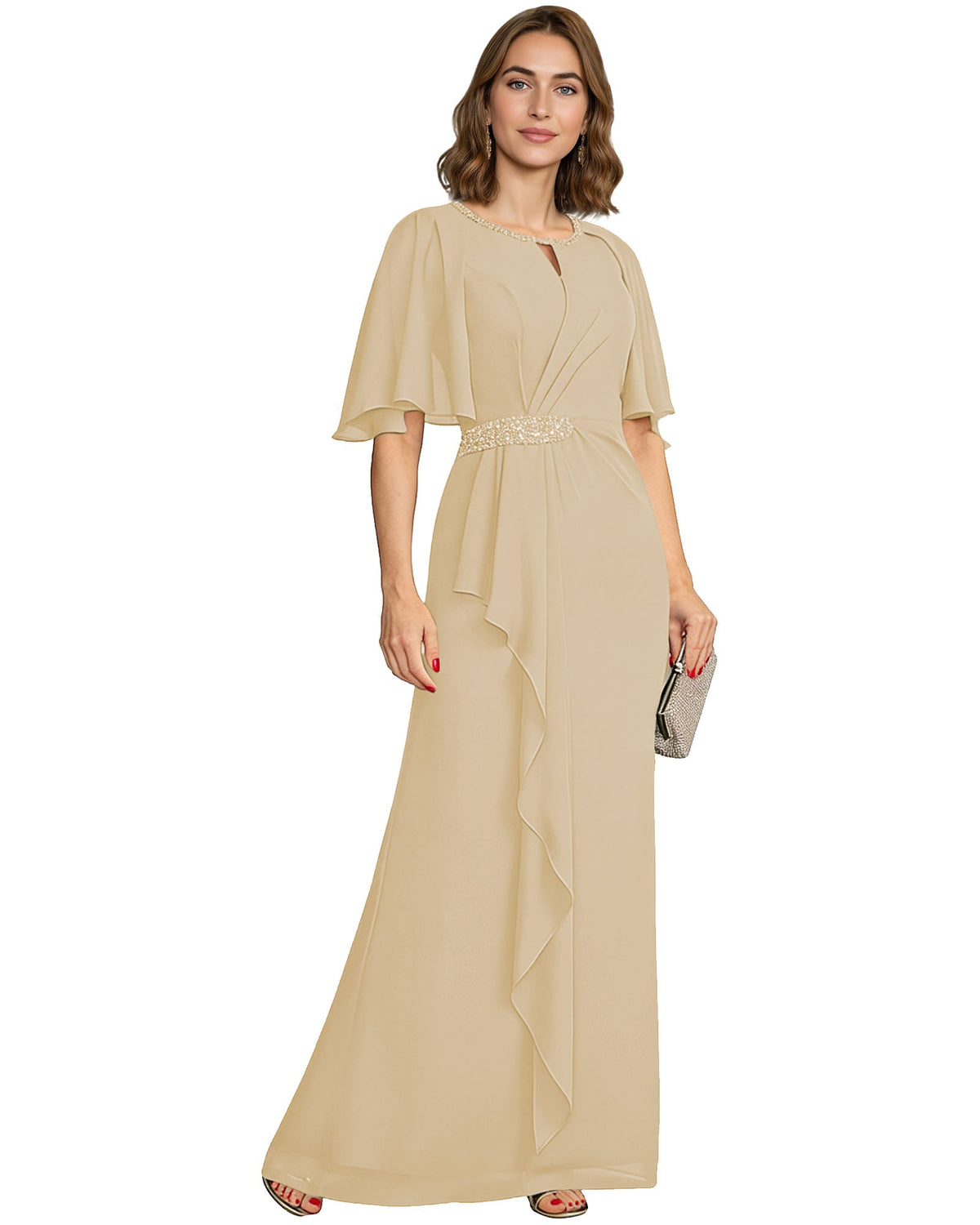 Chiffon A-line formal dress with flutter sleeves, beaded waist, ruffle drape—tan