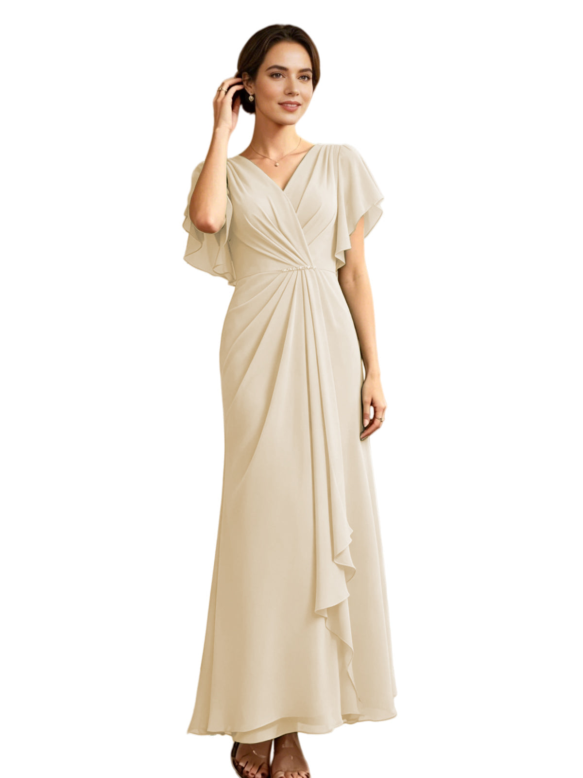 Champagne chiffon V-neck mother-of-the-bride gown with flutter sleeves and draped waist