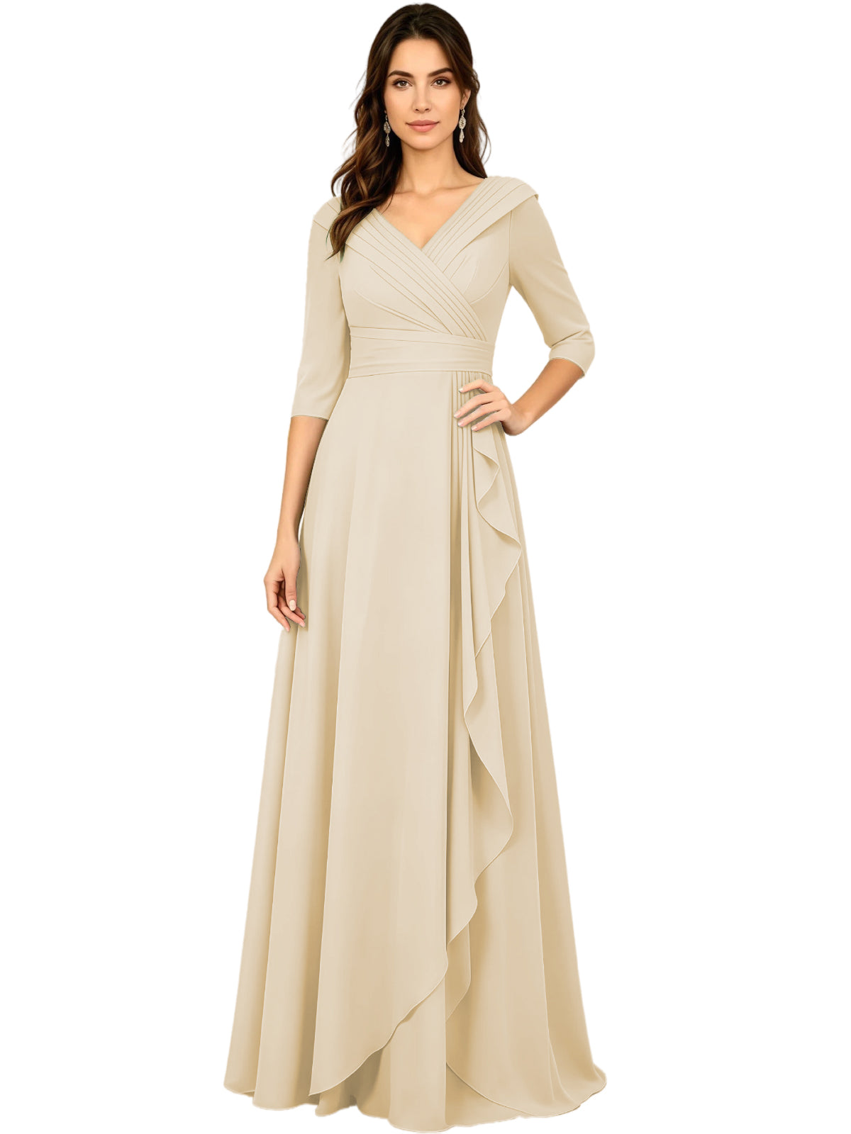 Champagne/beige V-neck A-line mother of the bride dress with half sleeves and side ruffle.