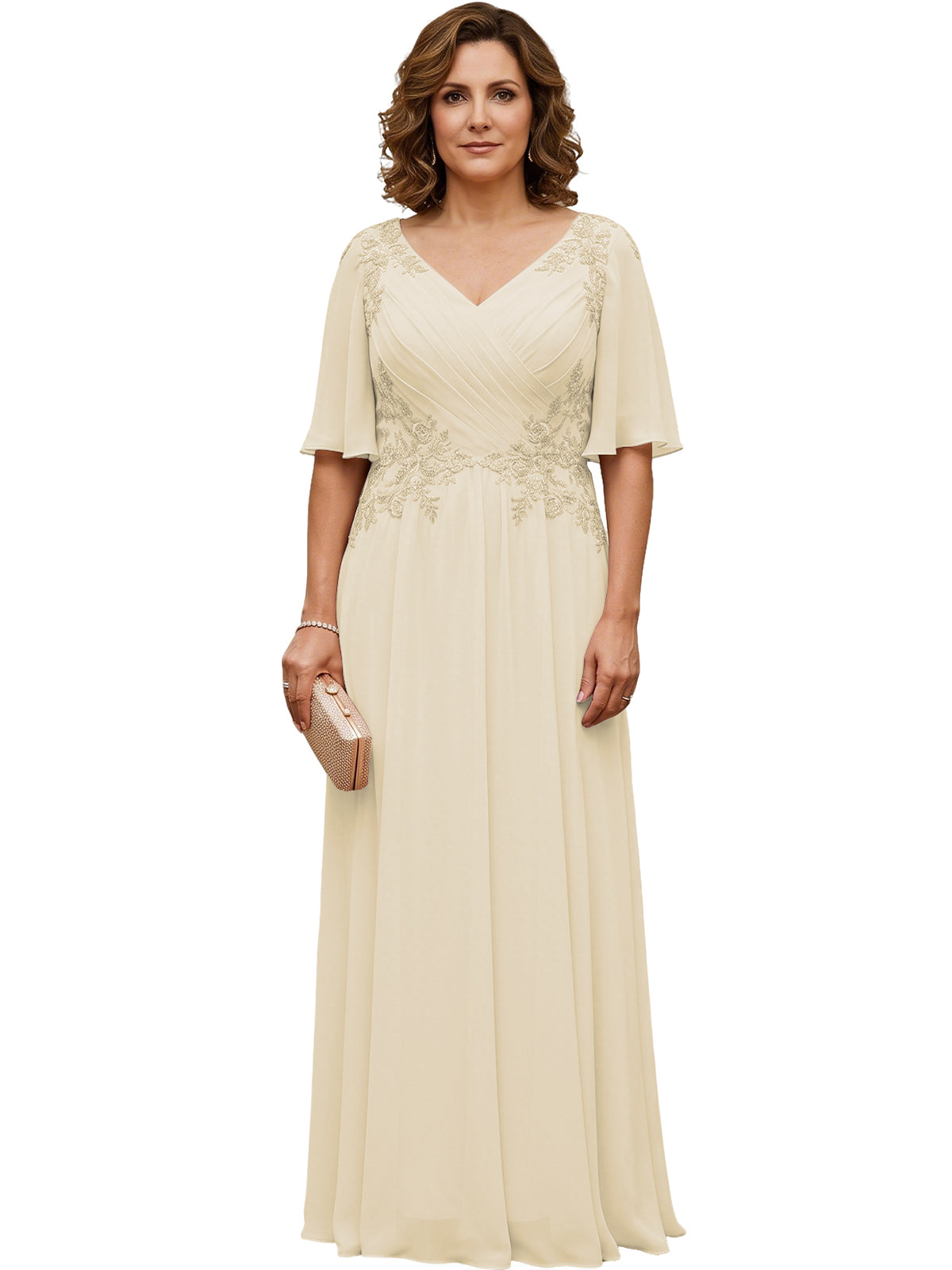 Cream long chiffon A-line gown with V-neck, flutter sleeves, and beaded lace details