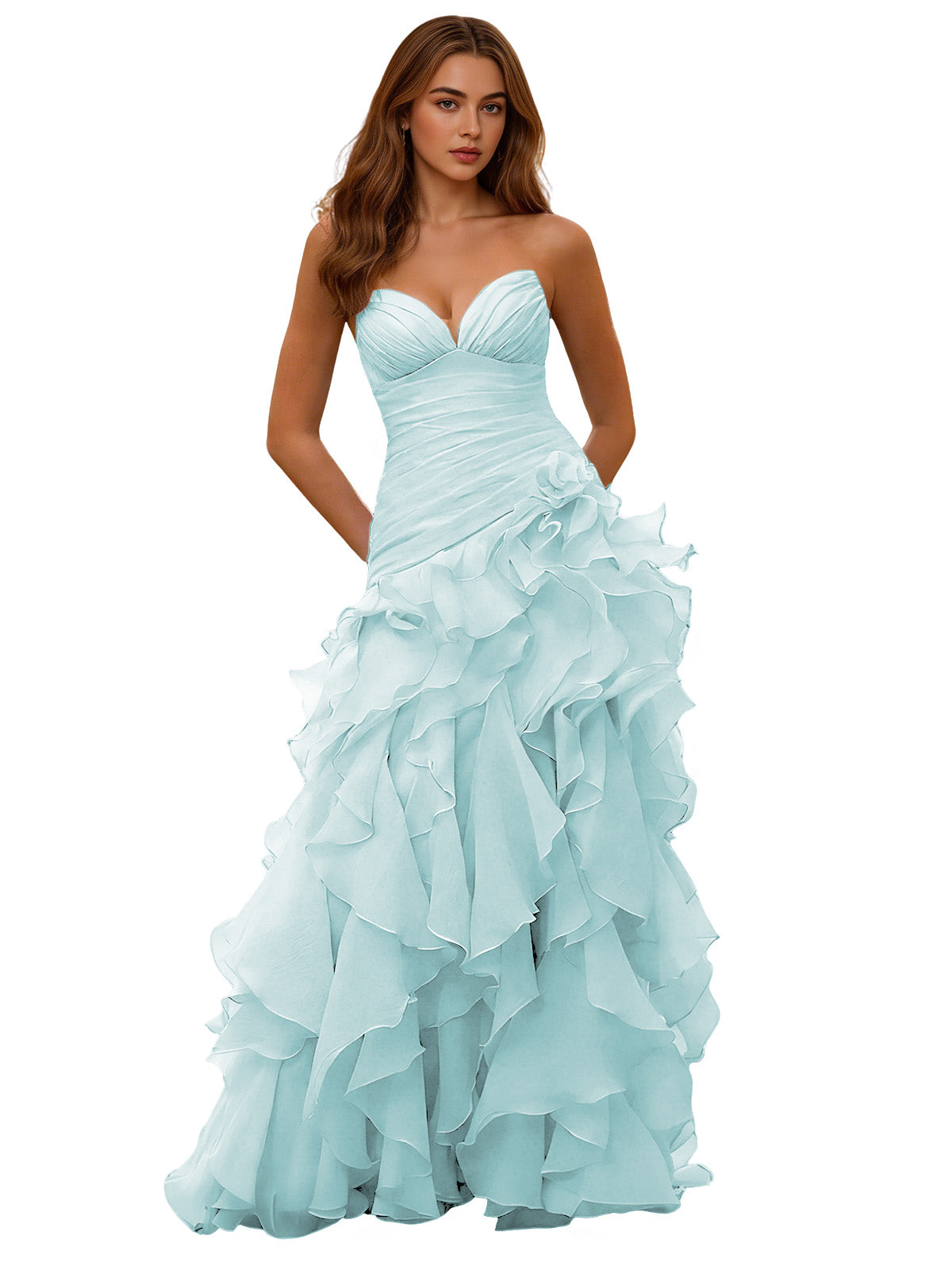 Light aqua blue strapless sweetheart ball gown with draped corset bodice and layered ruffle skirt