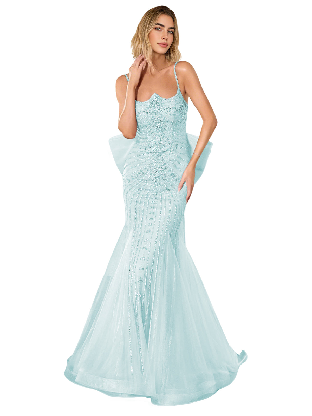 Light blue lace corset trumpet prom dress with thin straps and flowing sweep train