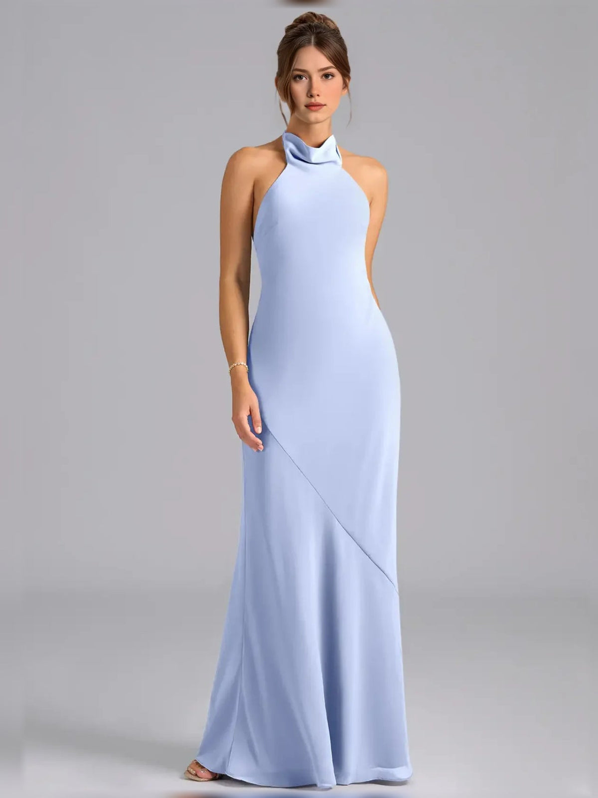 High-neck chiffon sheath maxi dress, ice blue, sleeveless halter, elegant diagonal seam.