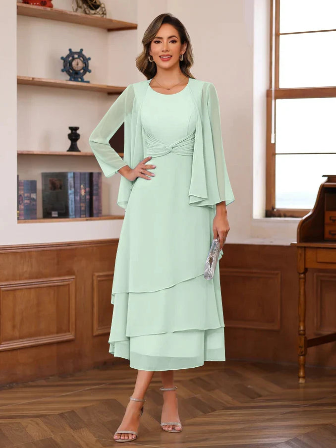 Mint scoop-neck A-line midi chiffon dress with draped sleeve overlay