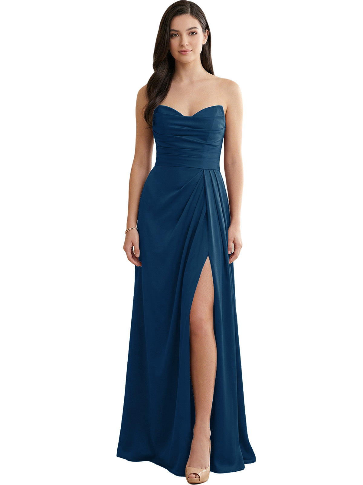Navy blue strapless pleated satin bridesmaid dress with side slit