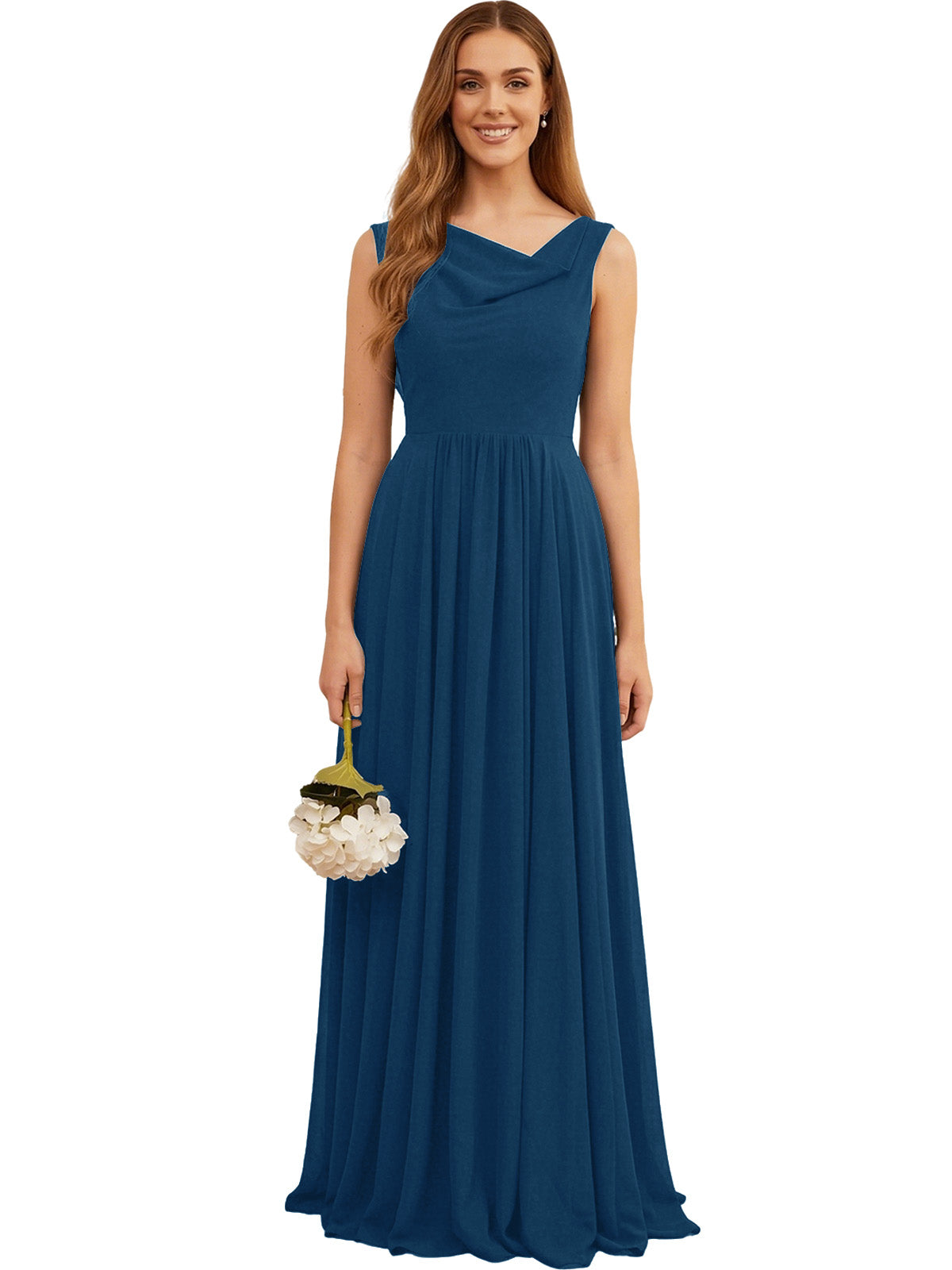 Deep navy sleeveless chiffon bridesmaid dress with V-neck and pleated flowy skirt