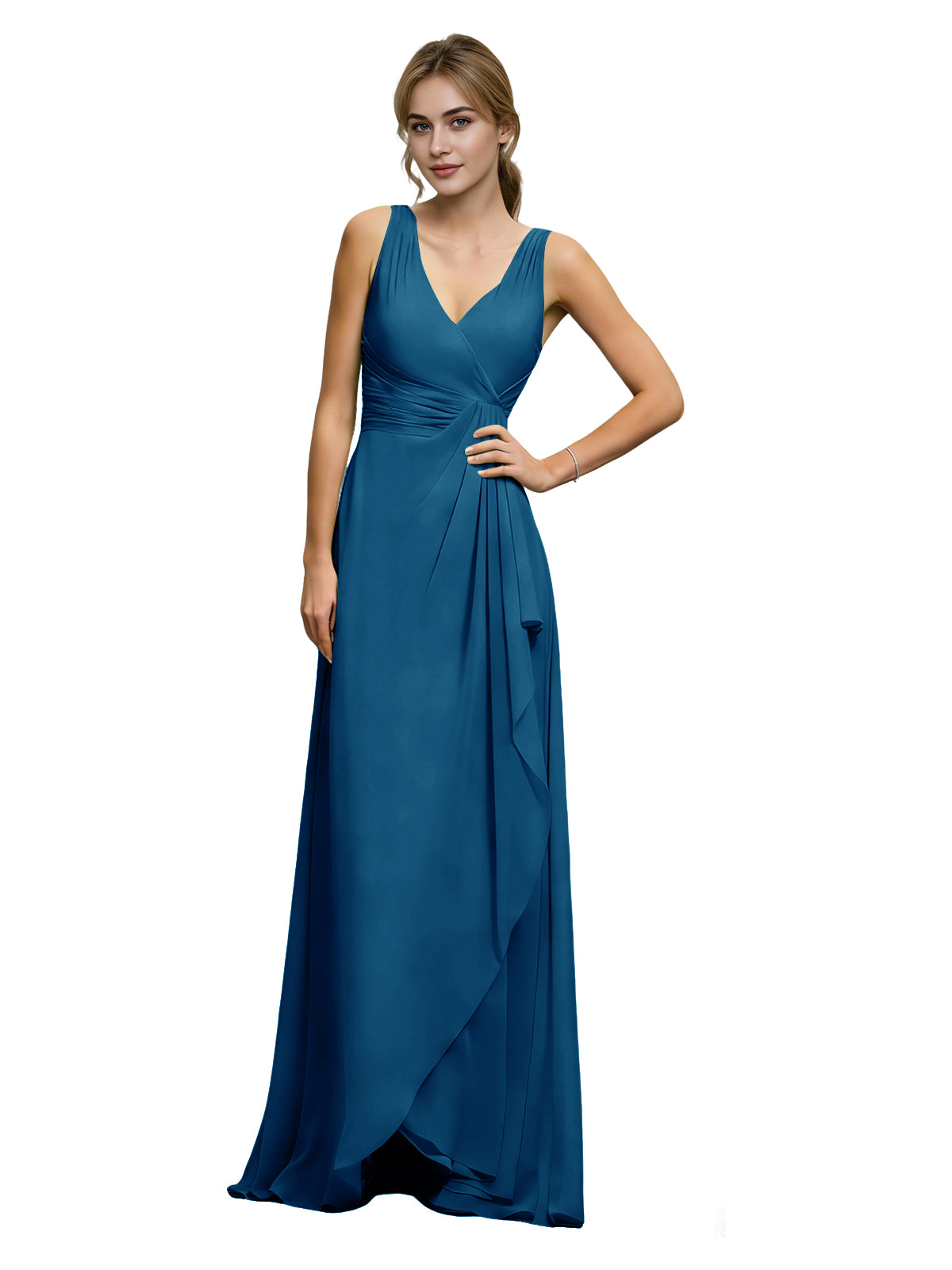 Ocean blue chiffon bridesmaid dress with halter V-neck and draped sash waist