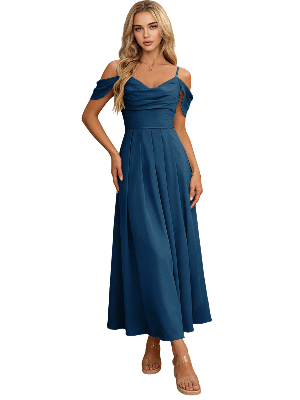 Off-shoulder midi bridesmaid dress in deep blue with pleated bodice and flowing skirt