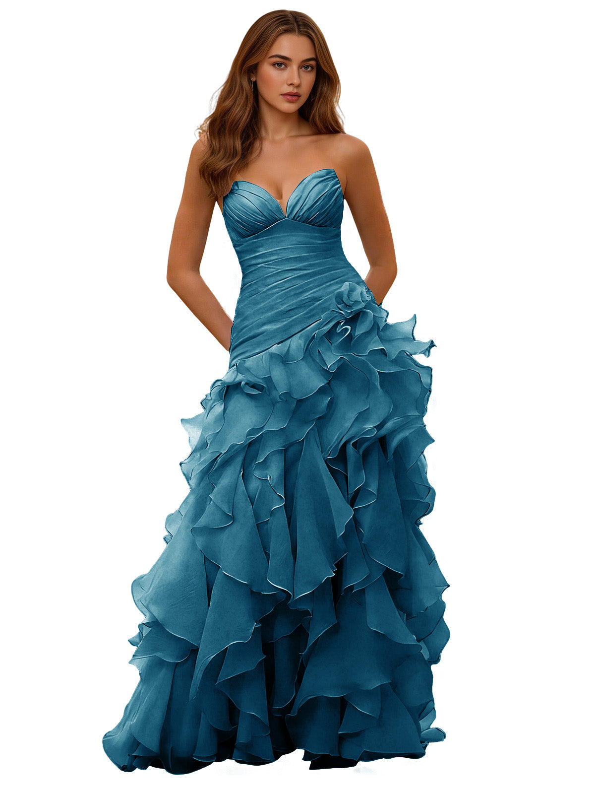 Deep ocean blue strapless sweetheart ball gown with draped corset bodice and layered ruffle skirt