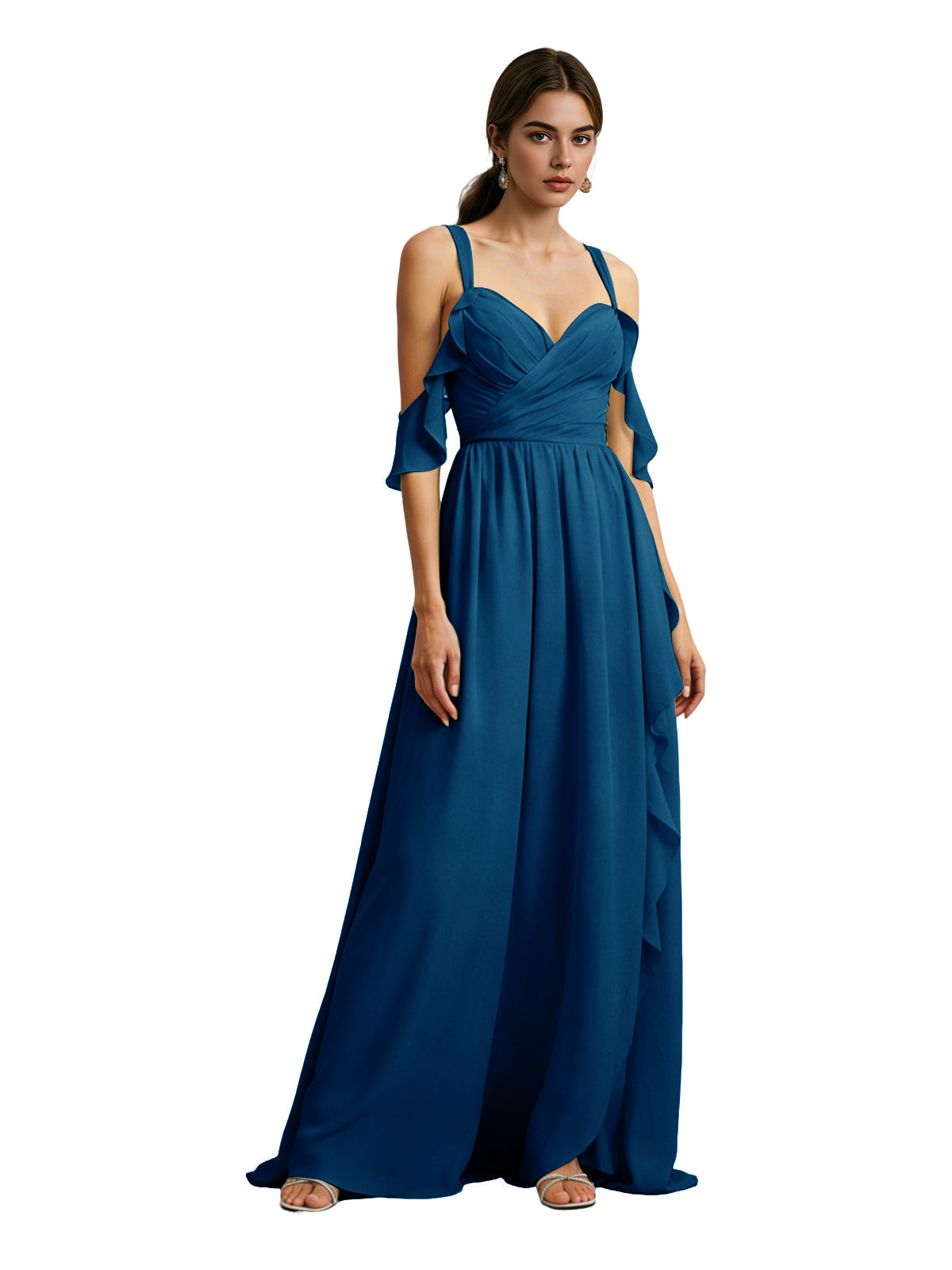 Cold-shoulder chiffon dress in deep blue, draped V-neck bodice, flowing maxi skirt
