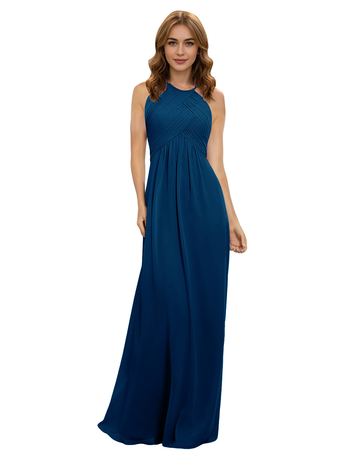 Navy blue chiffon bridesmaid dress with halter neckline and twist bodice, sleeveless maxi