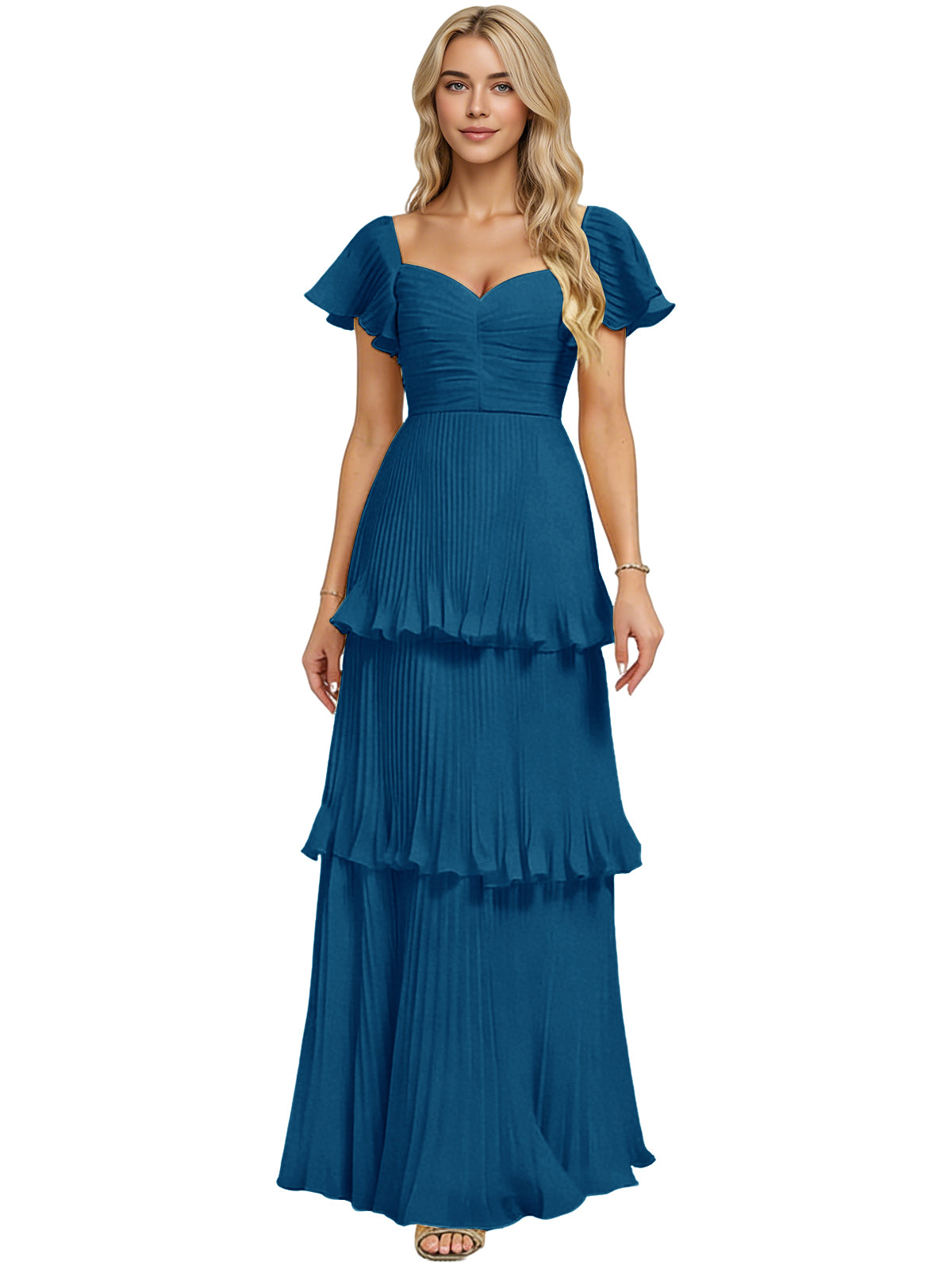 Teal blue tiered ruffle chiffon bridesmaid dress with sweetheart neckline and flutter sleeves