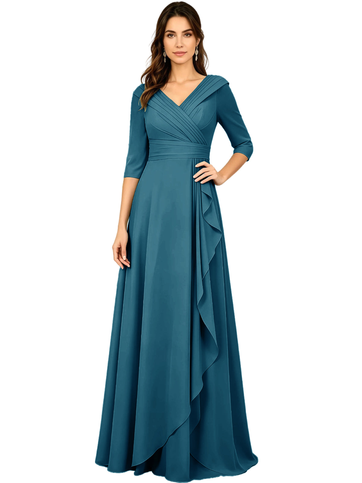 Teal blue V-neck A-line mother of the bride dress, half sleeves, draped side ruffle.