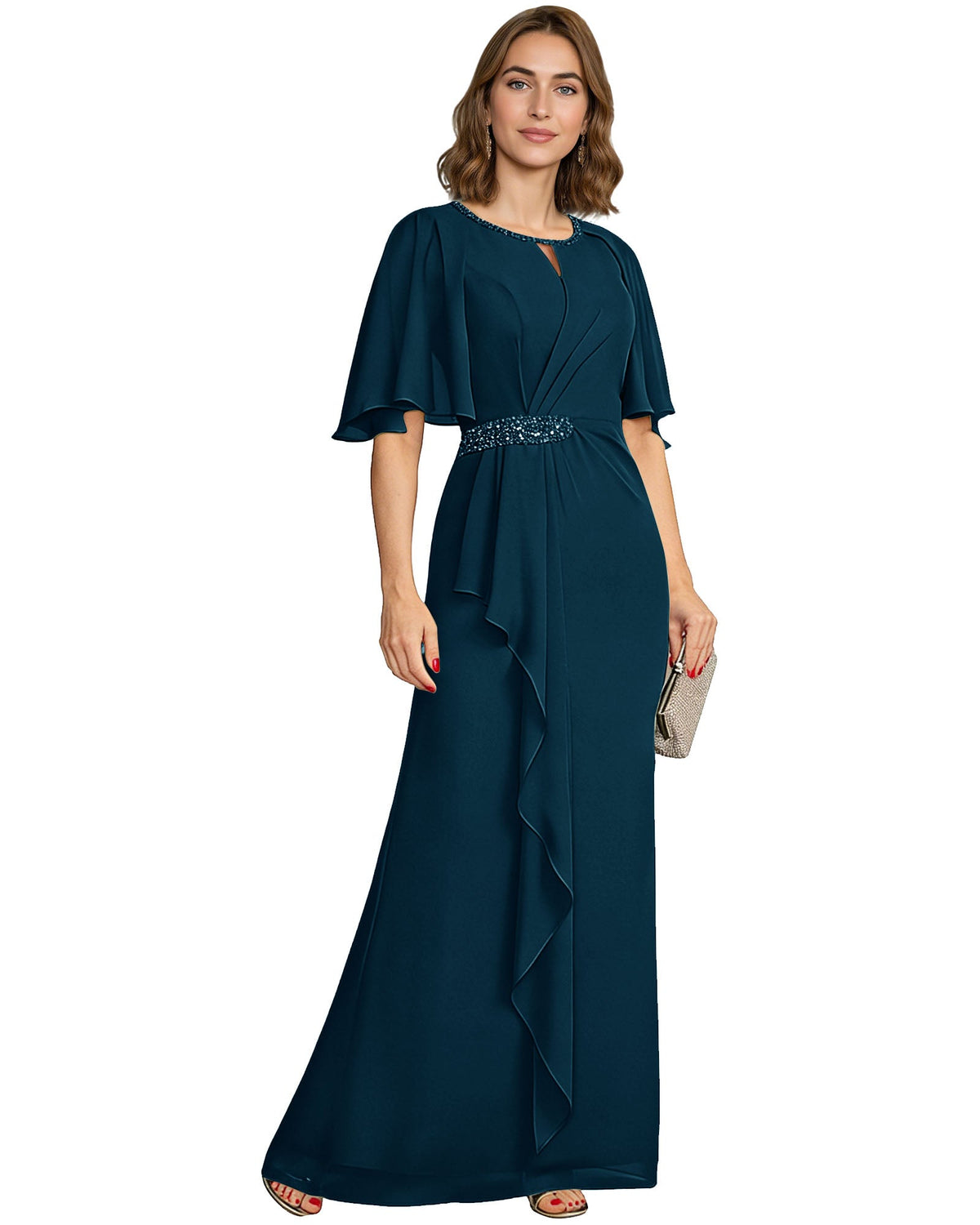 Chiffon A-line formal dress with flutter sleeves, beaded waist, ruffle drape—teal blue