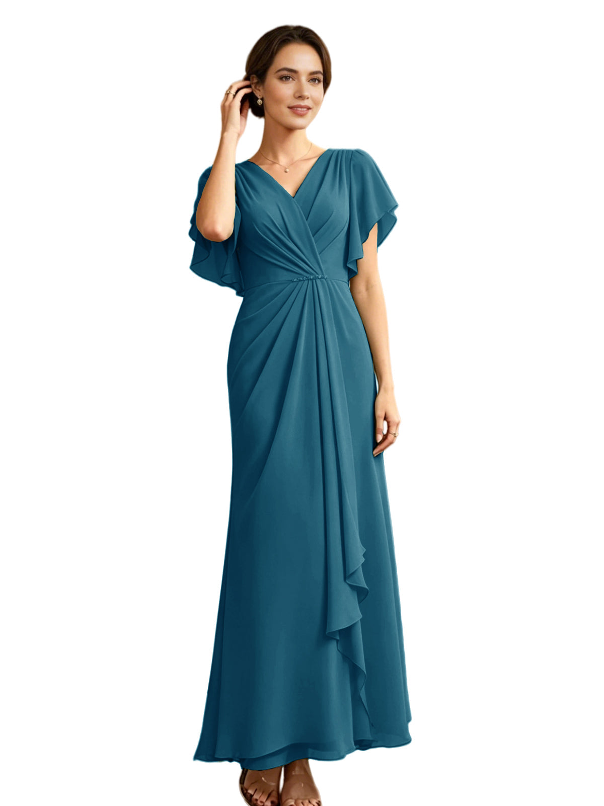 Teal chiffon V-neck mother-of-the-bride gown with flutter sleeves and draped waist