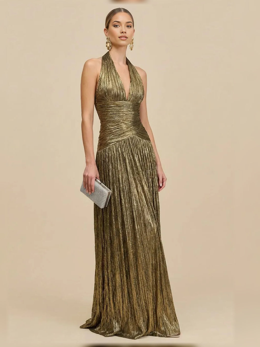 Gold halter neck pleated open-back formal dress, floor-length—front view