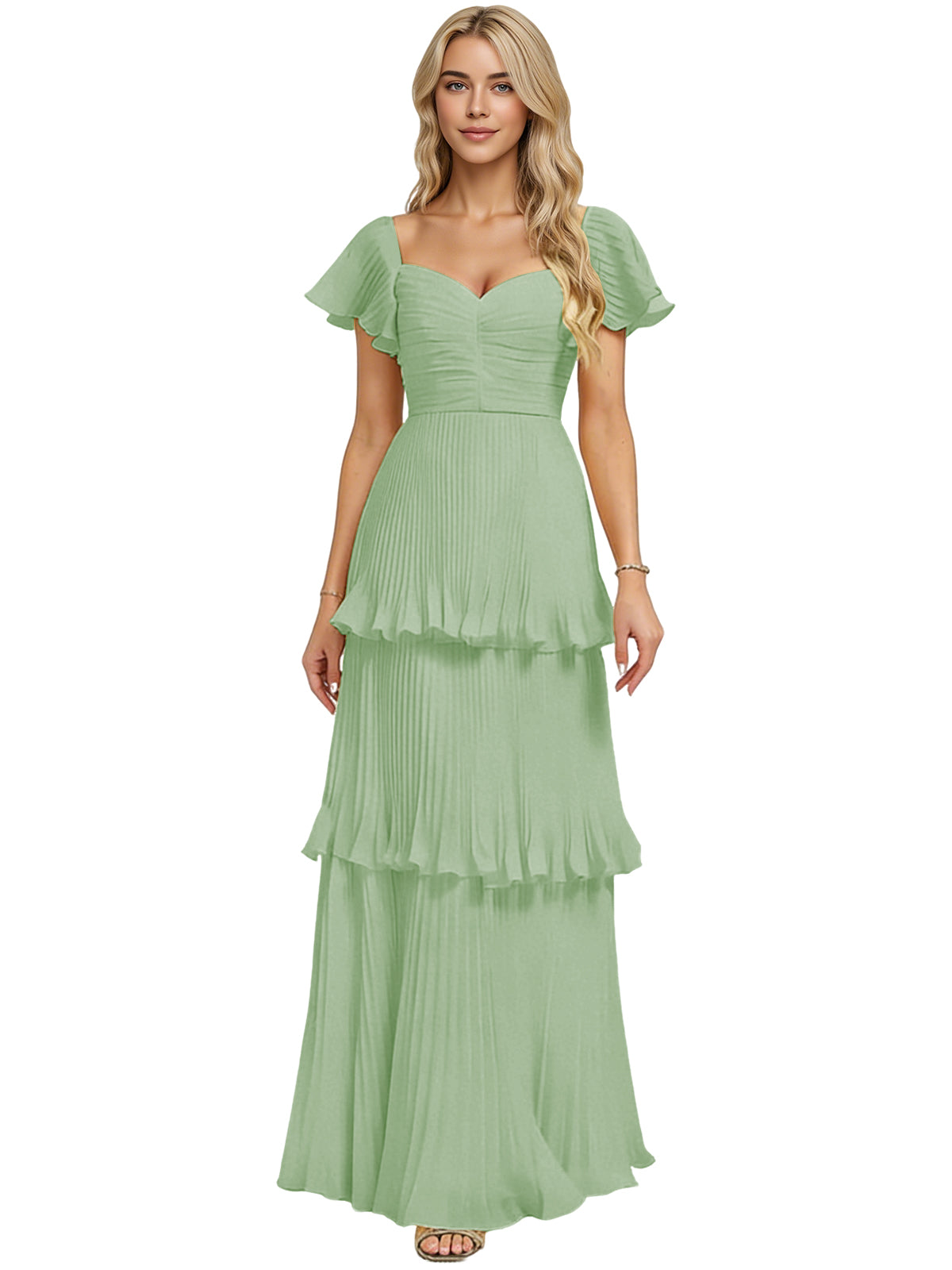 Light green tiered ruffle chiffon bridesmaid dress with sweetheart neckline and short flutter sleeves