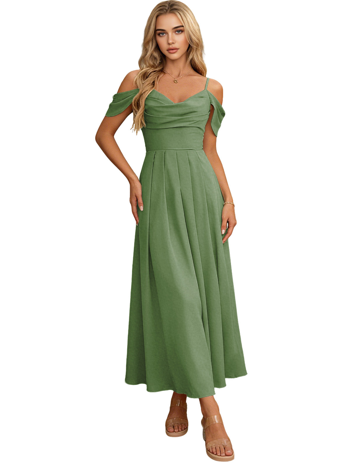 Off-shoulder midi bridesmaid dress in sage green with pleated bodice and flowing skirt