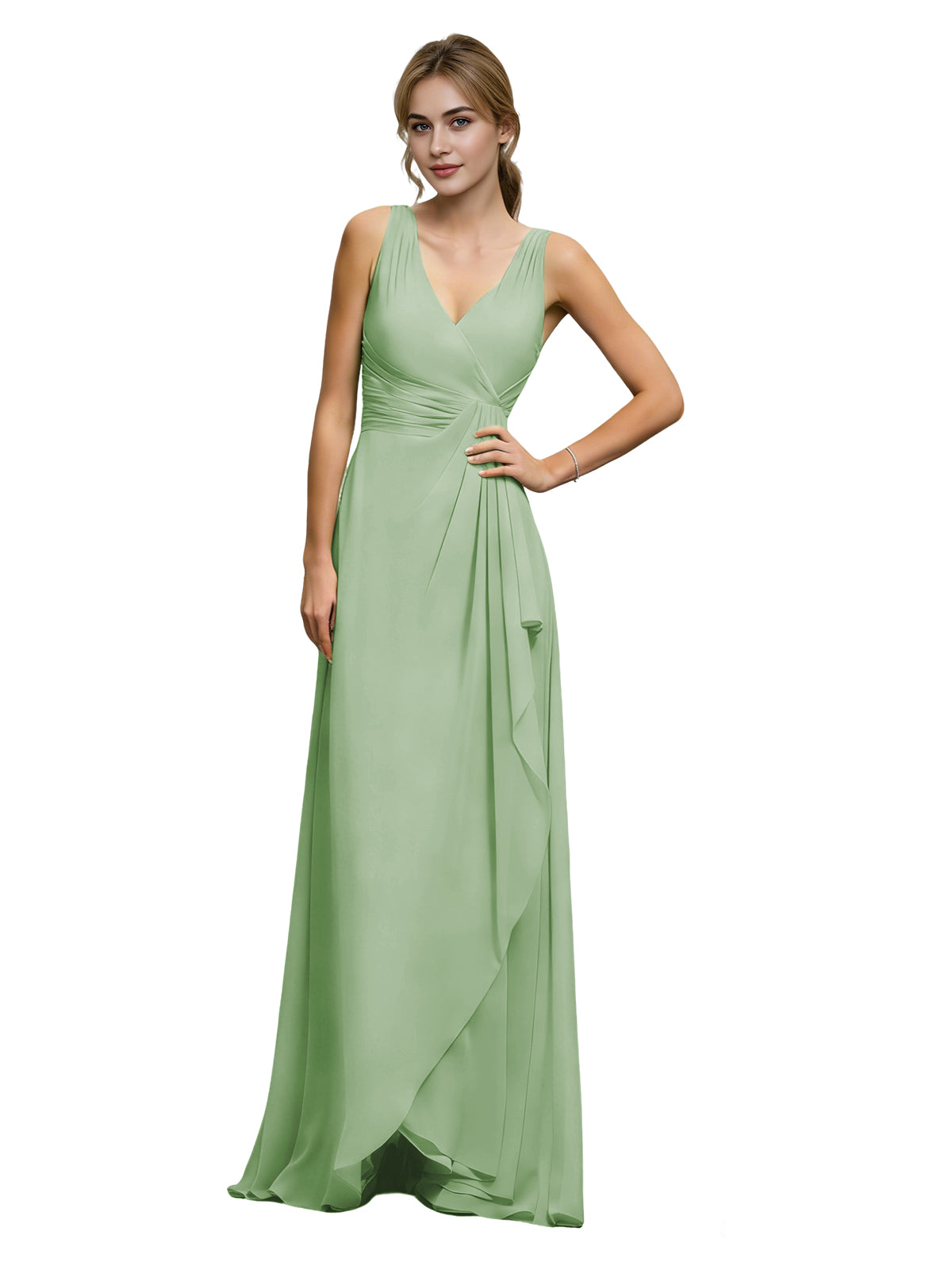 Light sage green chiffon bridesmaid dress with halter V-neck and draped sash waist