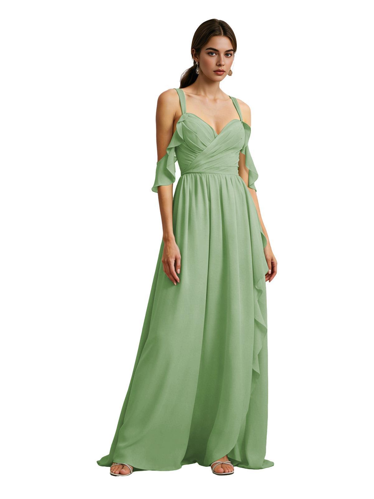 Cold-shoulder chiffon dress in green, draped V-neck bodice, soft drape maxi skirt