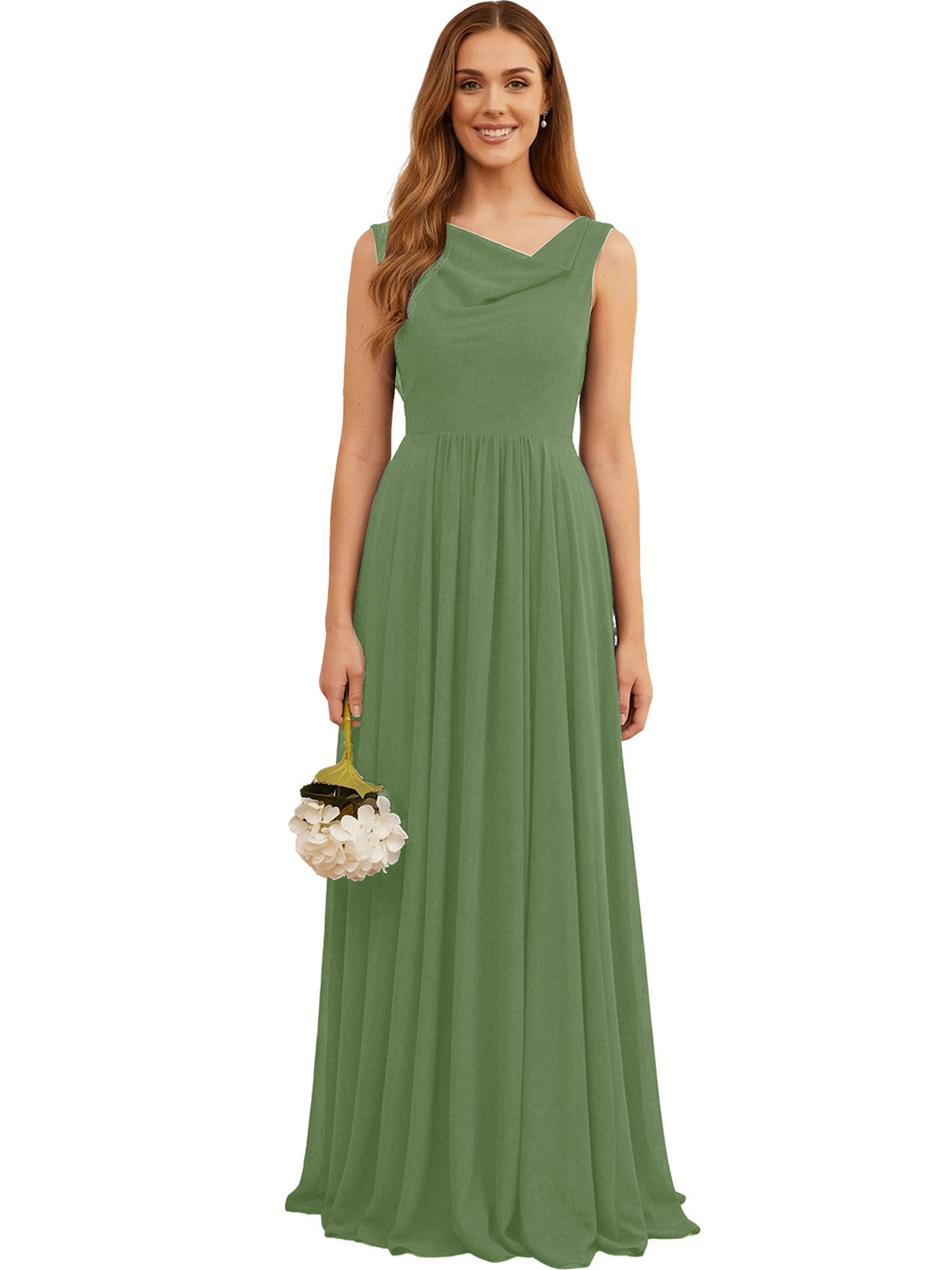 Sage green sleeveless chiffon bridesmaid dress with V-neck and softly pleated skirt