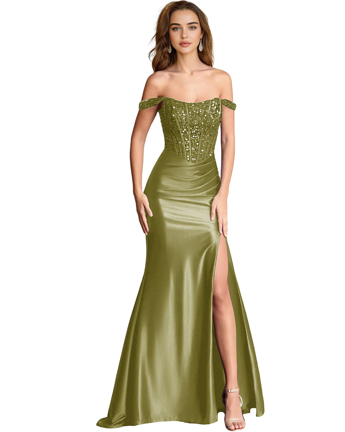 Olive green off-shoulder sequin satin mermaid dress with draped bodice and slit