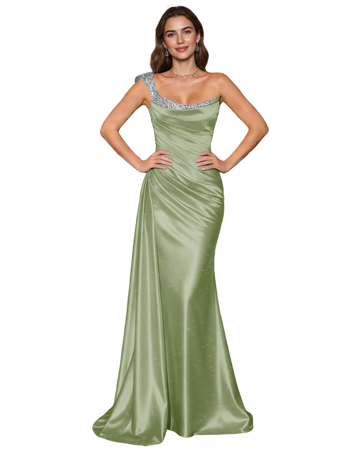 Sage green satin mermaid prom dress with draped cowl neckline and rhinestone spaghetti straps