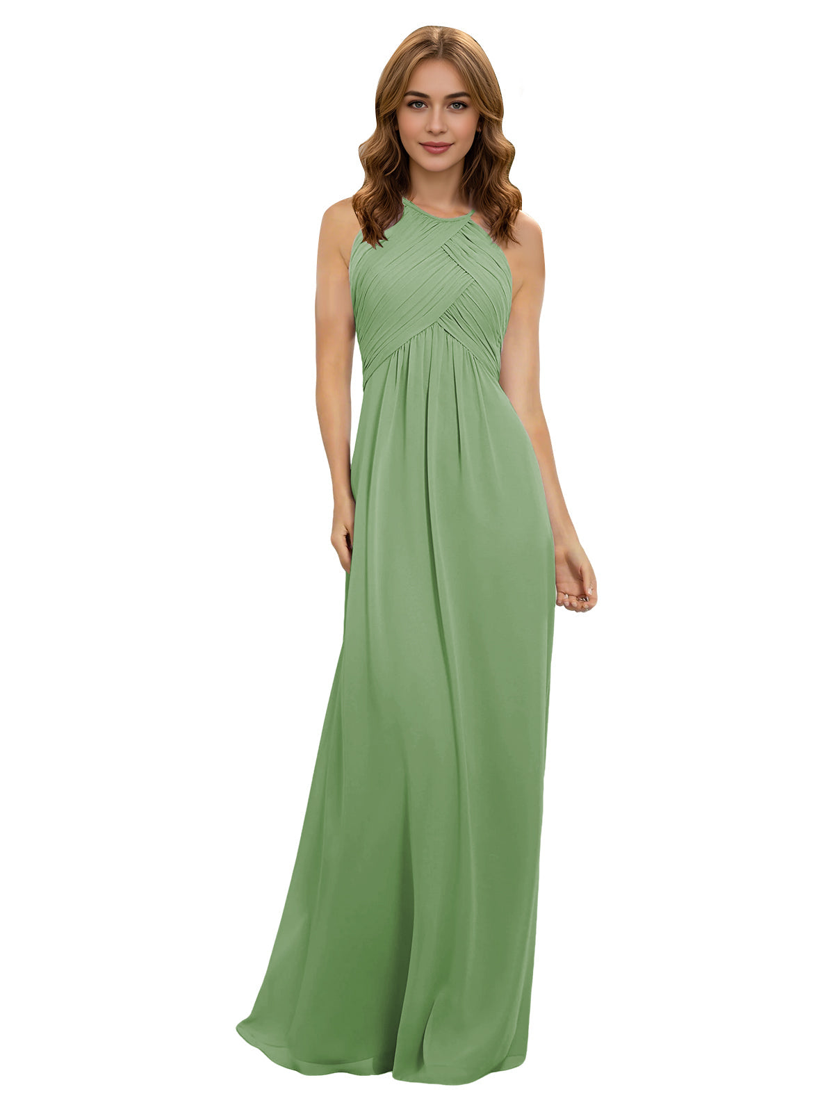 Green chiffon bridesmaid dress with halter neckline and twist bodice, sleeveless maxi