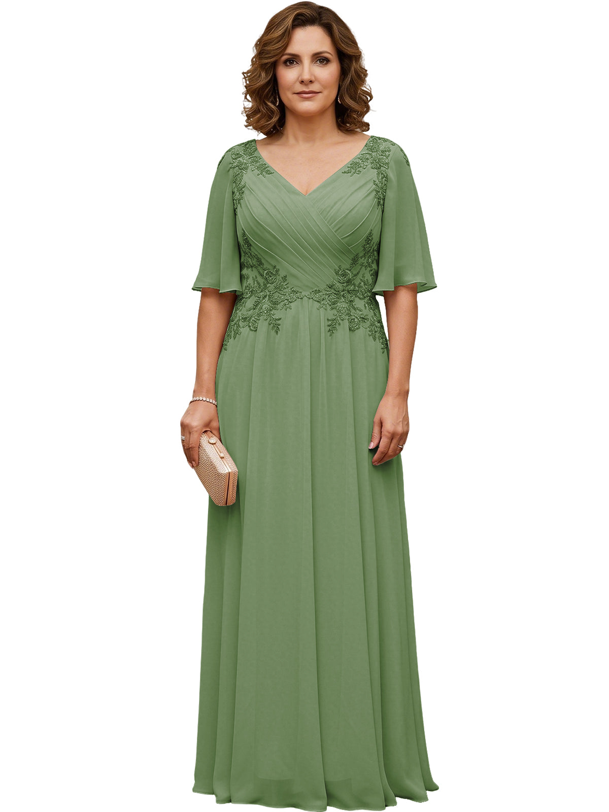 Deep green long chiffon A-line gown with V-neck, flutter sleeves, and beaded lace details
