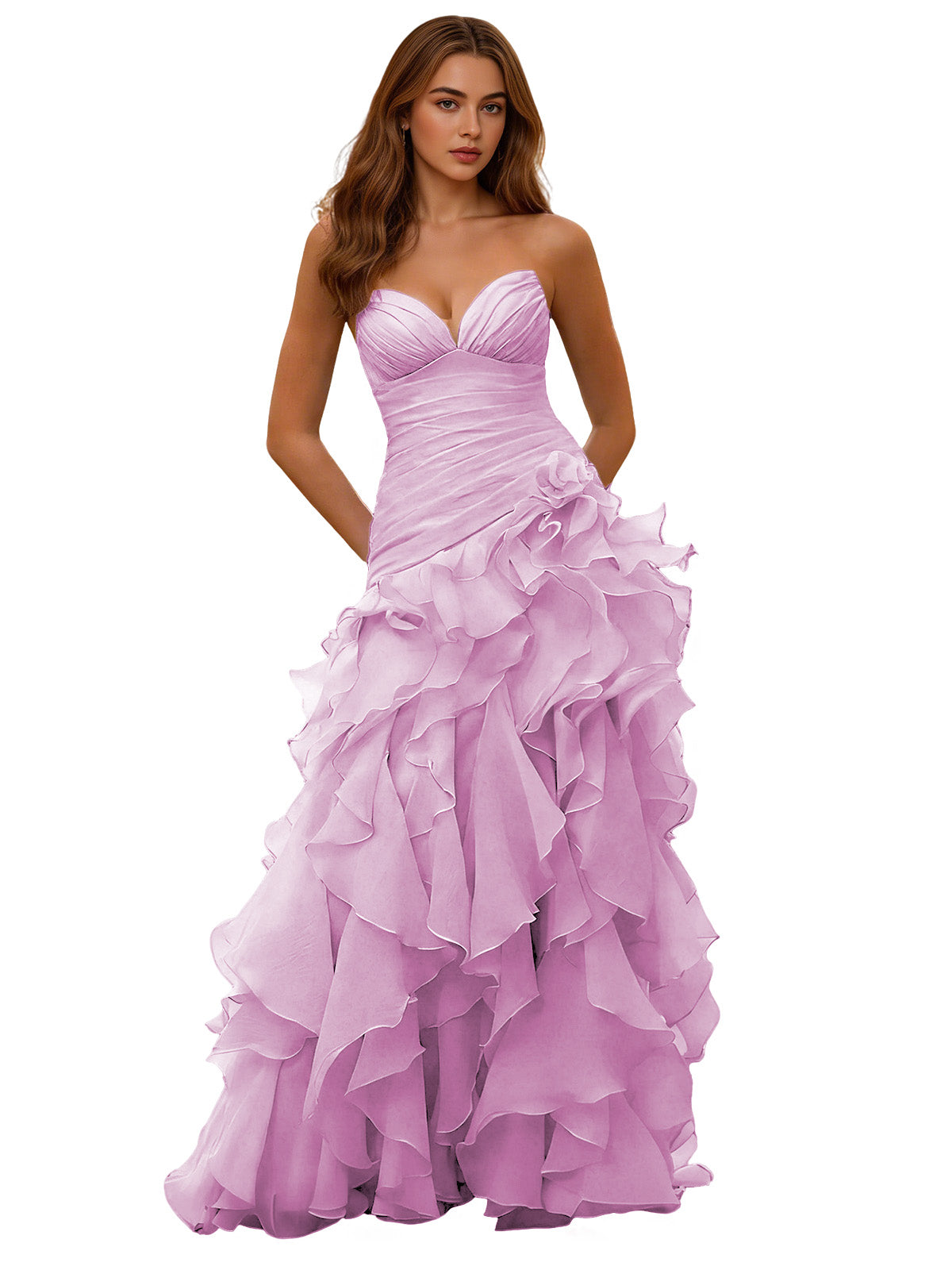 Pink-purple strapless sweetheart ball gown with draped corset bodice and layered ruffle skirt