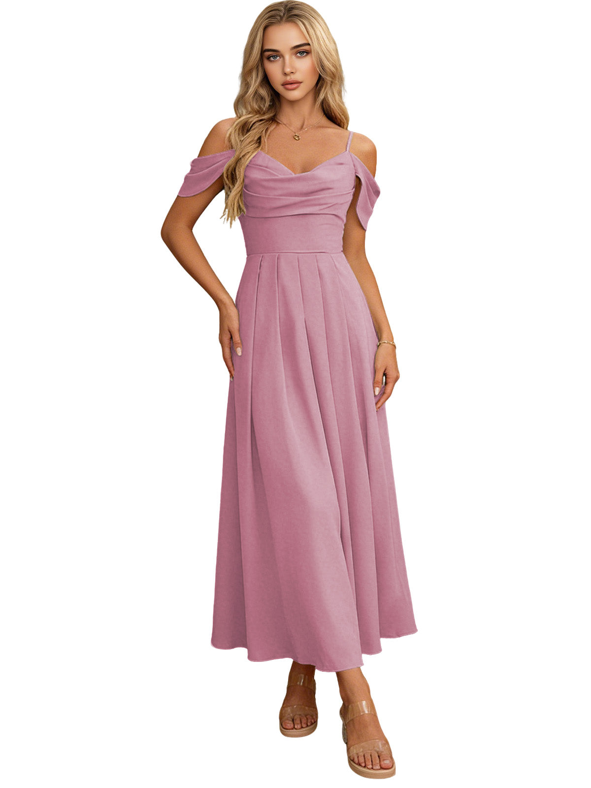 Off-shoulder midi bridesmaid dress in dusty rose pink with pleated bodice and flowing skirt