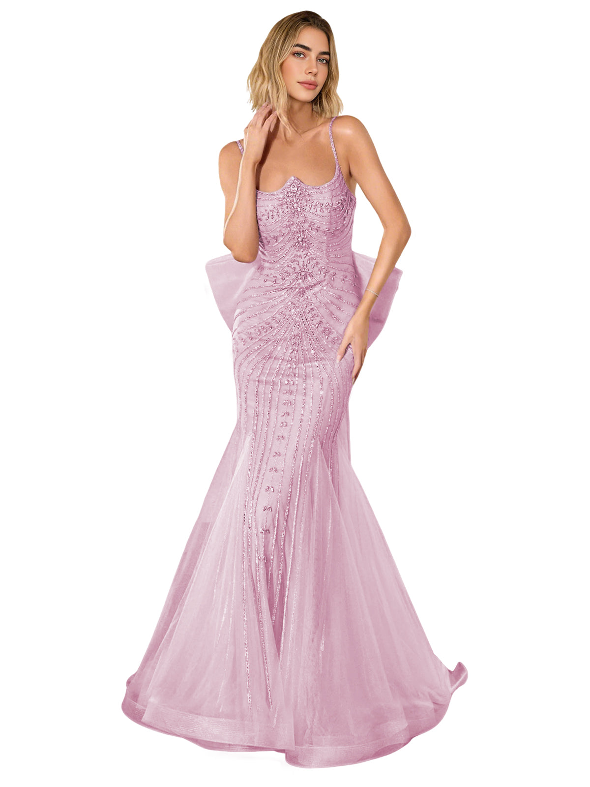Pink lace corset trumpet prom dress with thin straps and sweep train
