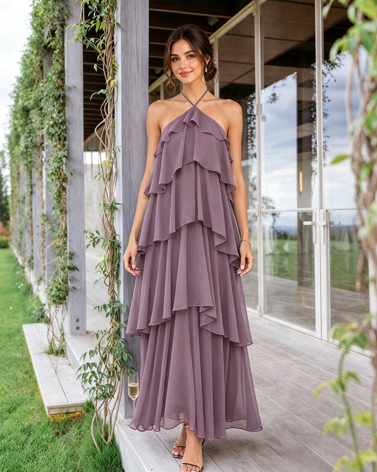 Lavender halter-neck tiered chiffon bridesmaid dress with layered ruffle overlay